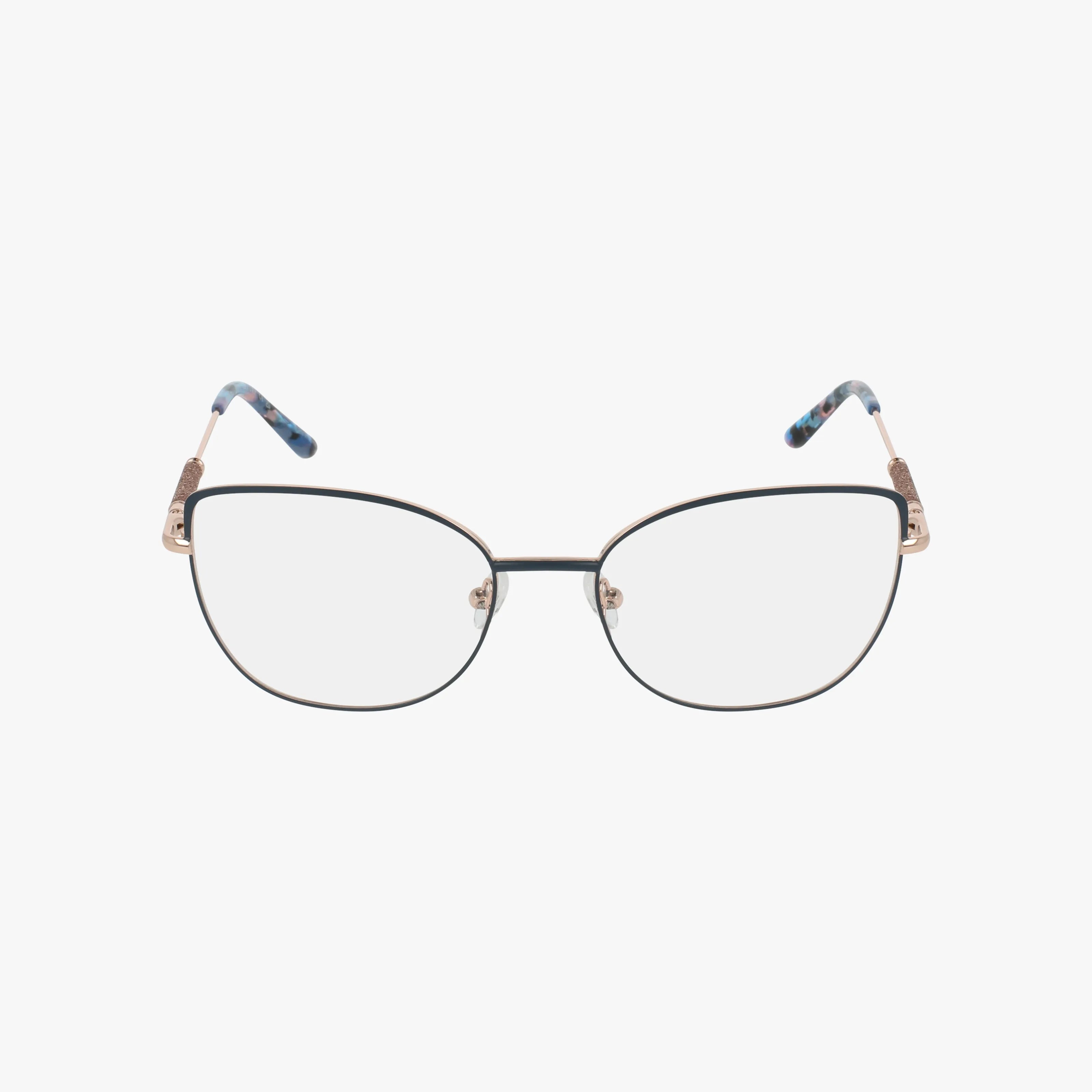 Ann Taylor’s 30 cat-eye eyeglasses feature thin gold metal frames, black upper rims, tortoiseshell temple tips, and clear prescription lenses against a white background.
