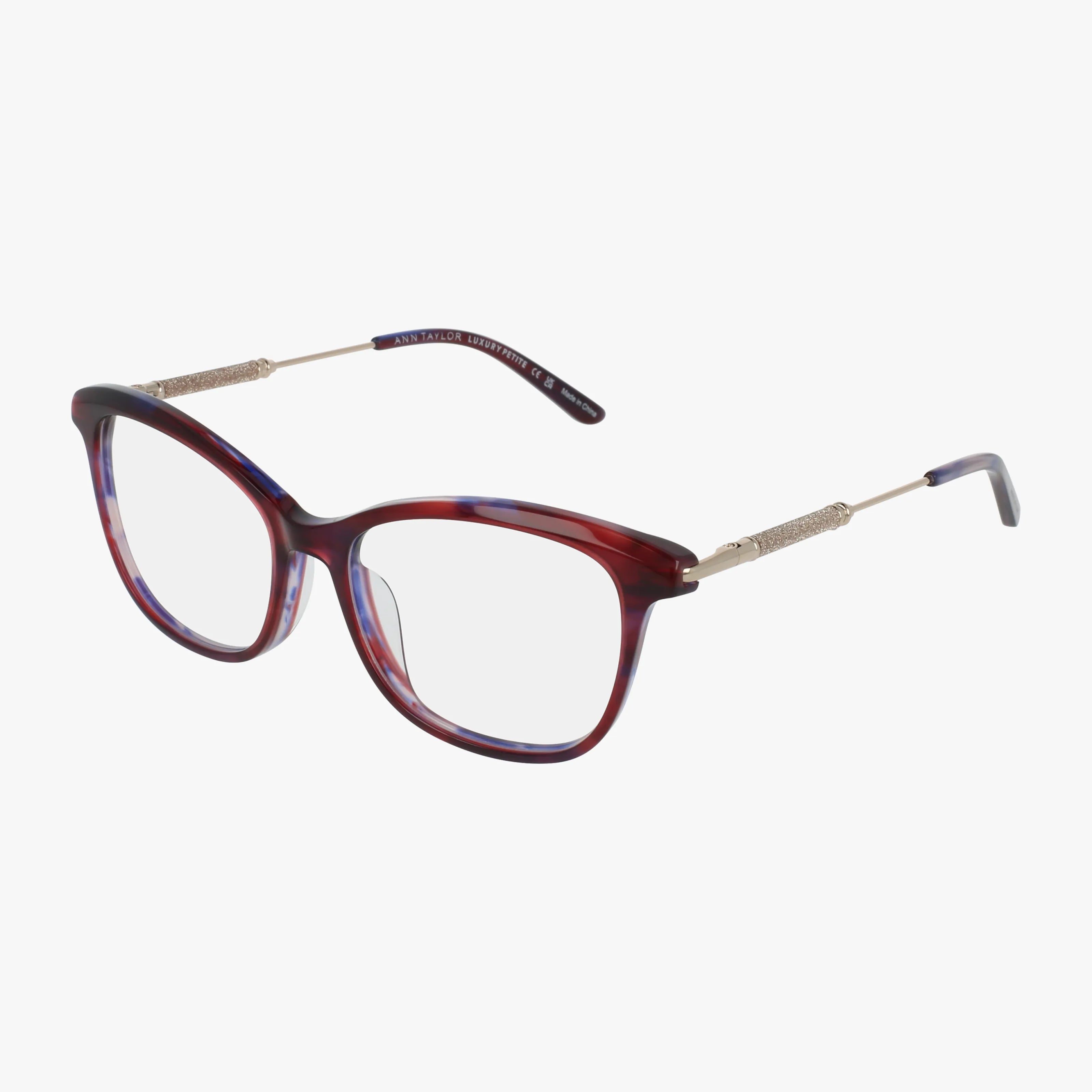 Ann Taylor ATP032 eyewear features a maroon and blue tortoiseshell-patterned durable frame, clear lenses, and gold metal temples with textured detailing.