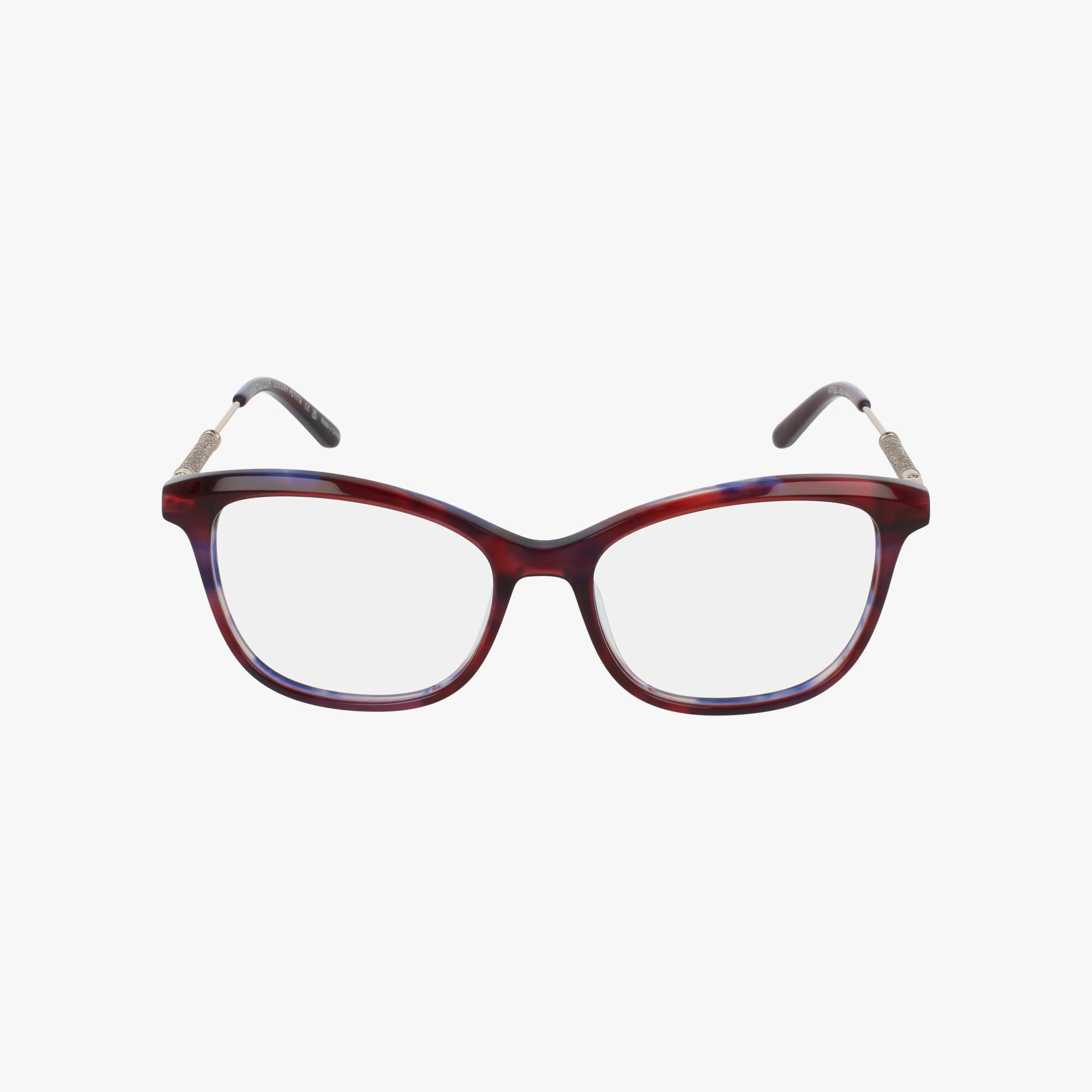 Front view of Ann Taylor ATP032 fashion eyewear with cat-eye dark red and purple tortoiseshell frames, silver temple accents, and a durable build, shown against a white background.