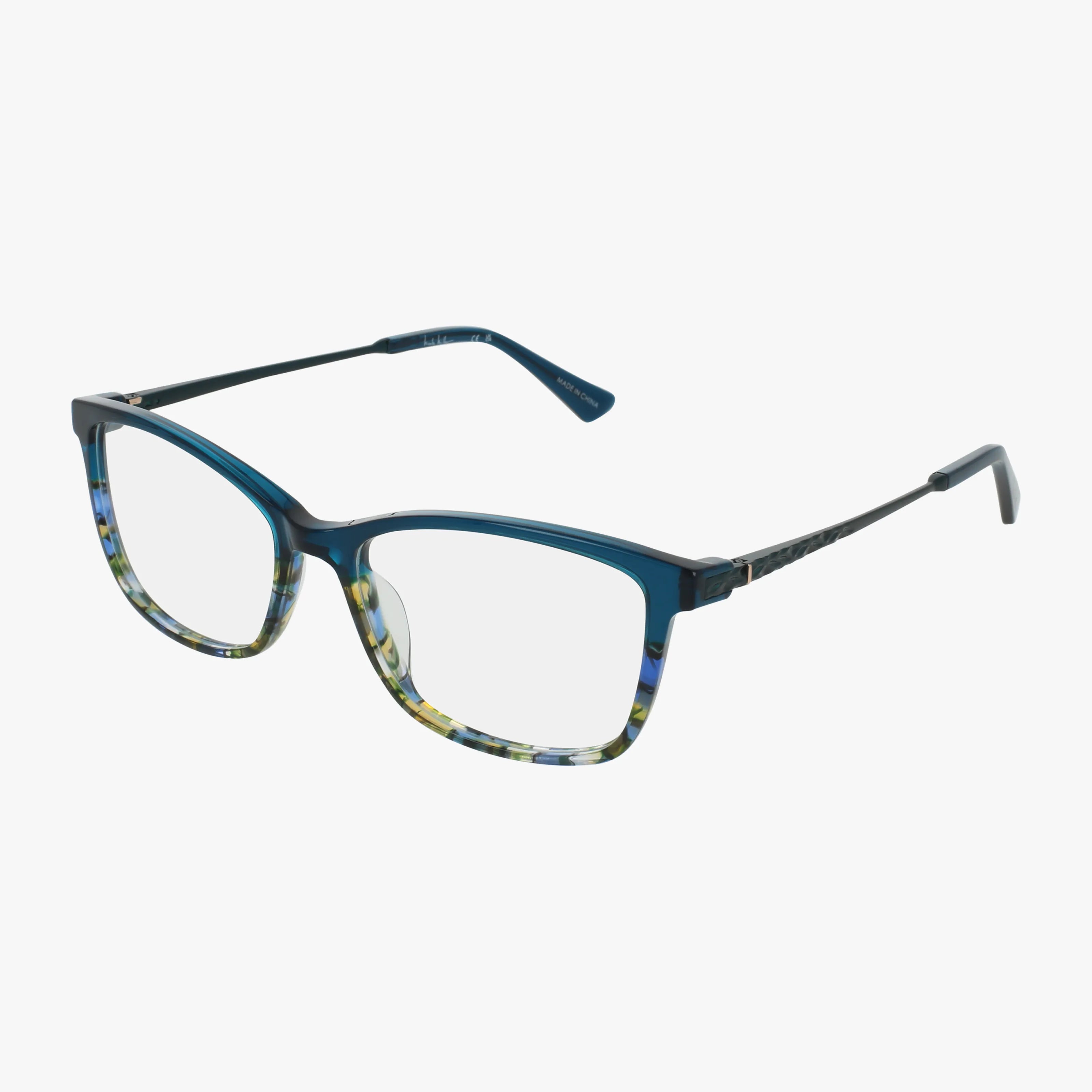 The Nicole Miller MOUETTES eyeglasses feature a stylish frame with blue and transparent multicolored rectangular lenses and thin dark arms, perfect for online shopping, displayed against a white background.