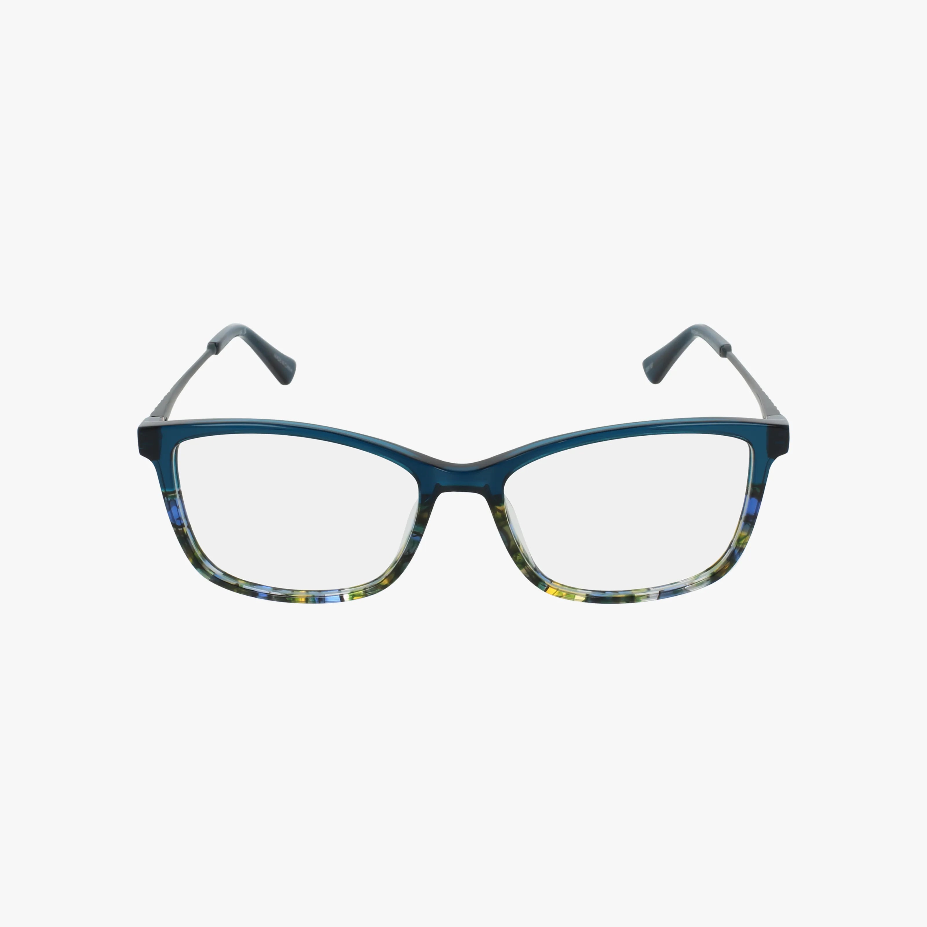 The Nicole Miller MOUETTES eyewear features stylish dark blue frames on top and multicolored blue, yellow, and green patterns along the bottom half, displayed on a white background—ideal for online shopping.