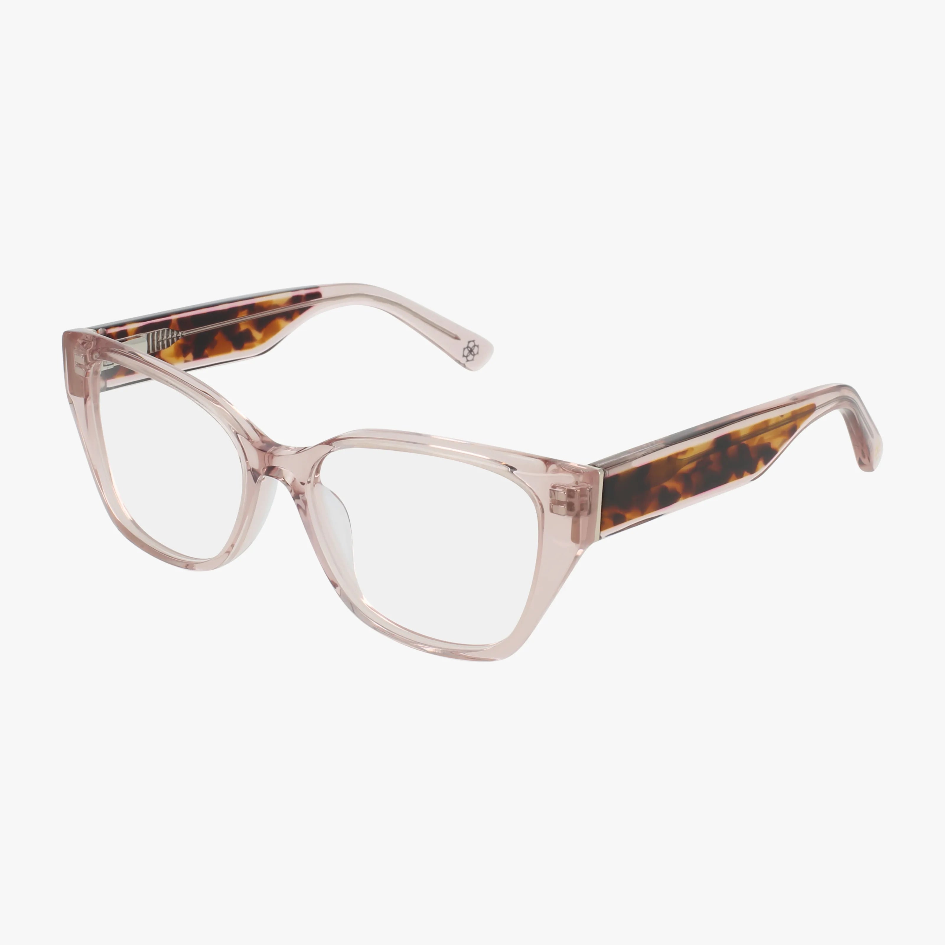 The Ann Taylor 834 features clear pink square frames with wide tortoiseshell-patterned arms, designed for everyday wear and shown on a white background.