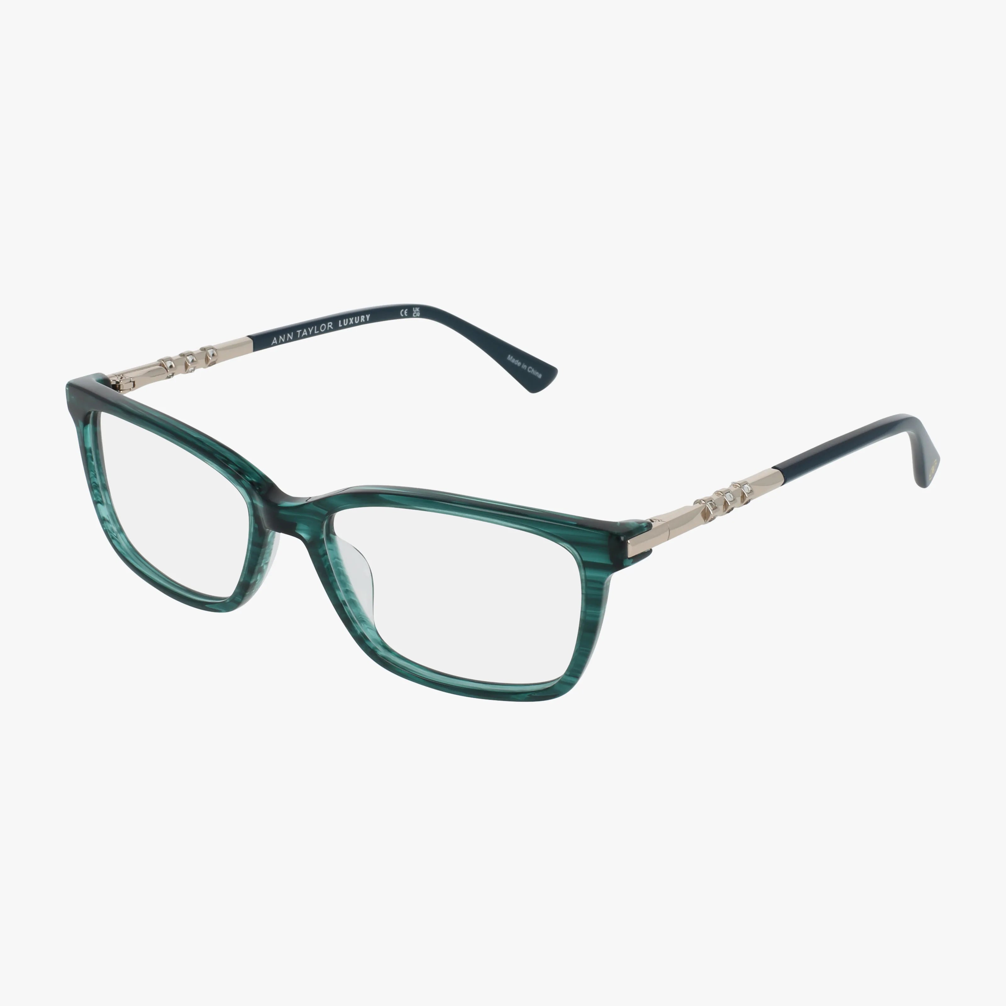Ann Taylor's 33 eyeglasses in blue teal feature a contemporary rectangular frame with clear lenses—perfect for daily wear—shown against a plain white background.