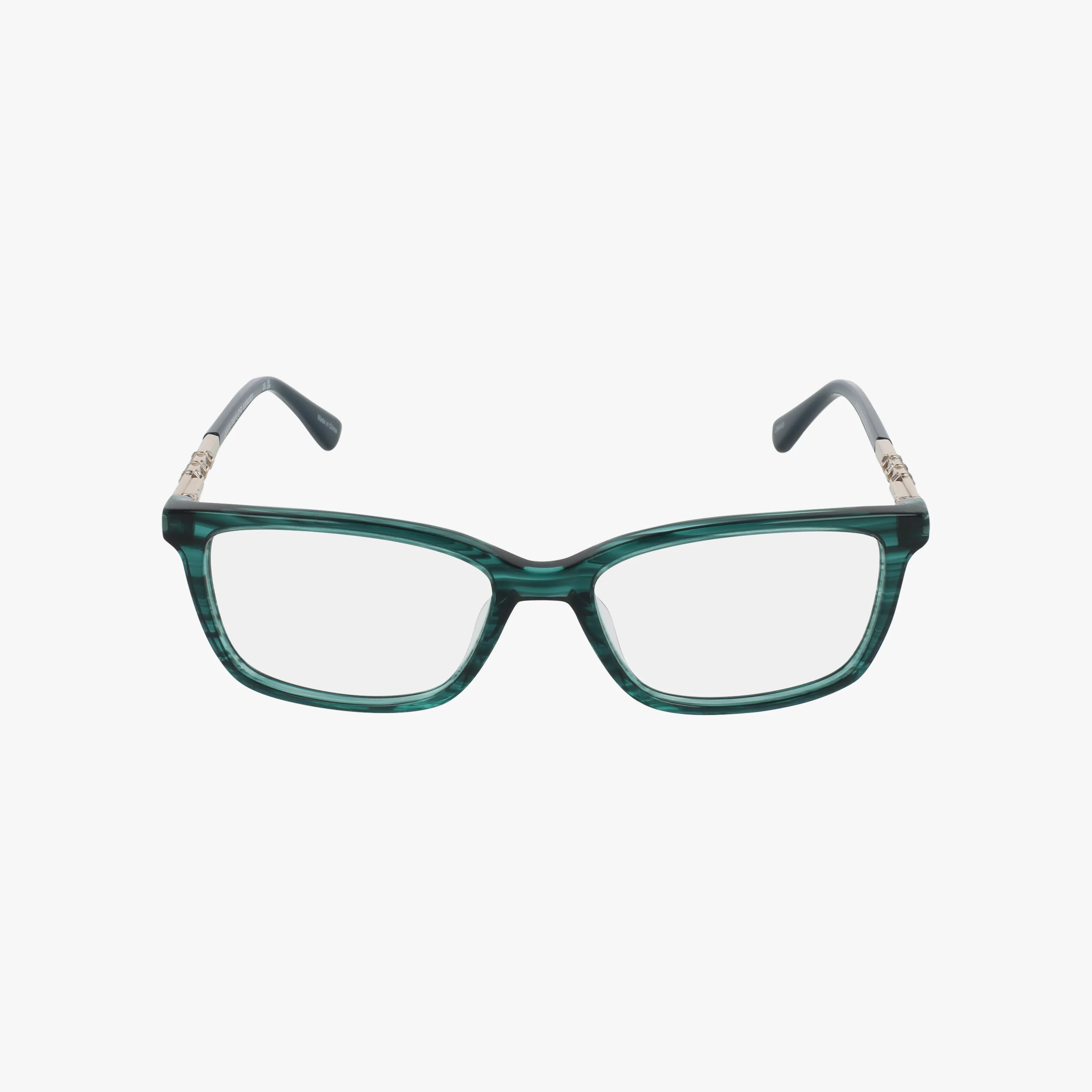 Ann Taylor 33 rectangular eyeglasses feature transparent green frames with black temple tips and a contemporary design, ideal for daily wear, displayed on a plain white background.