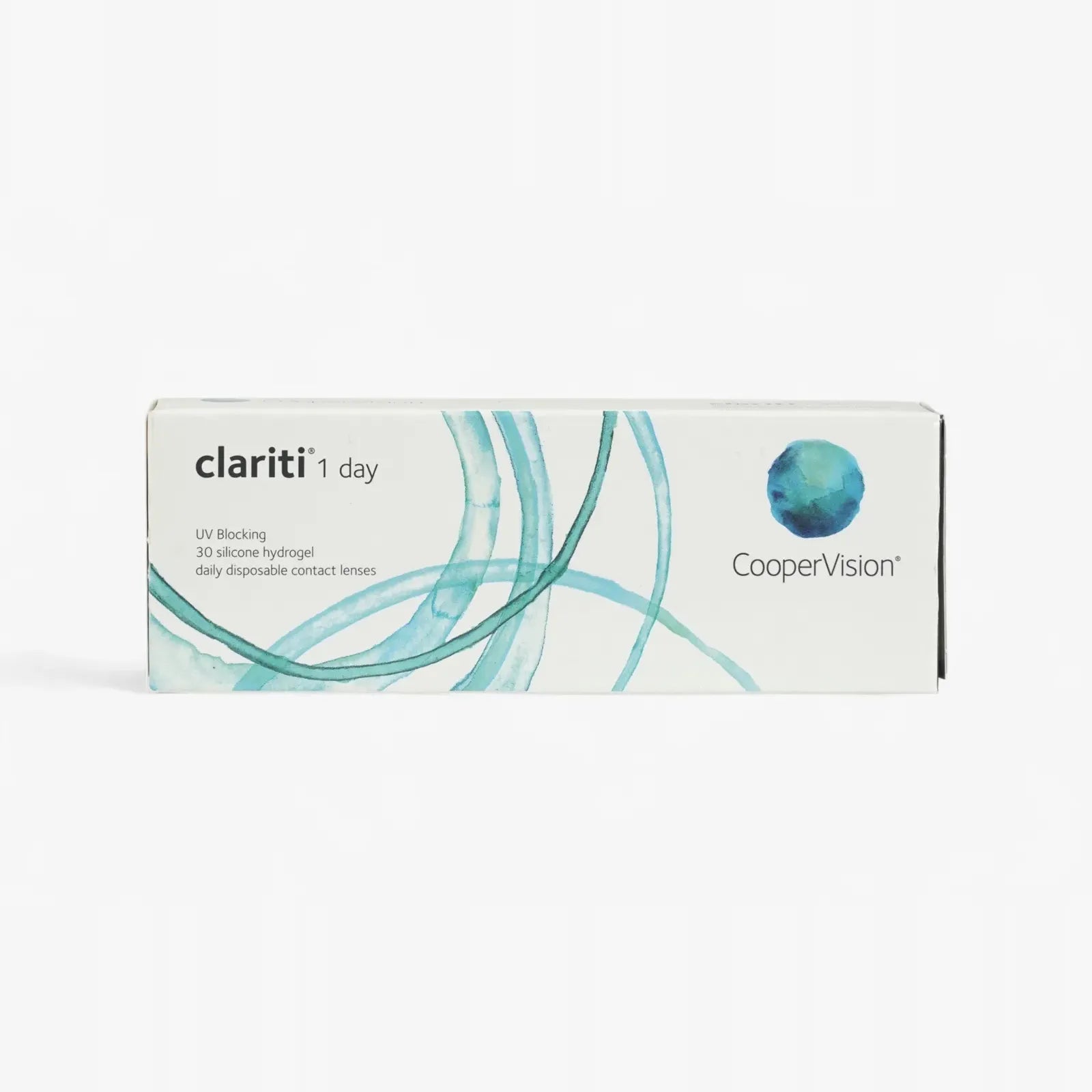 A rectangular white box of Clariti 1Day Sphere 30-Pk lenses by Clariti, featuring blue circular designs and the text “UV Blocking, 30 silicone hydrogel daily disposable contact lenses.”.
