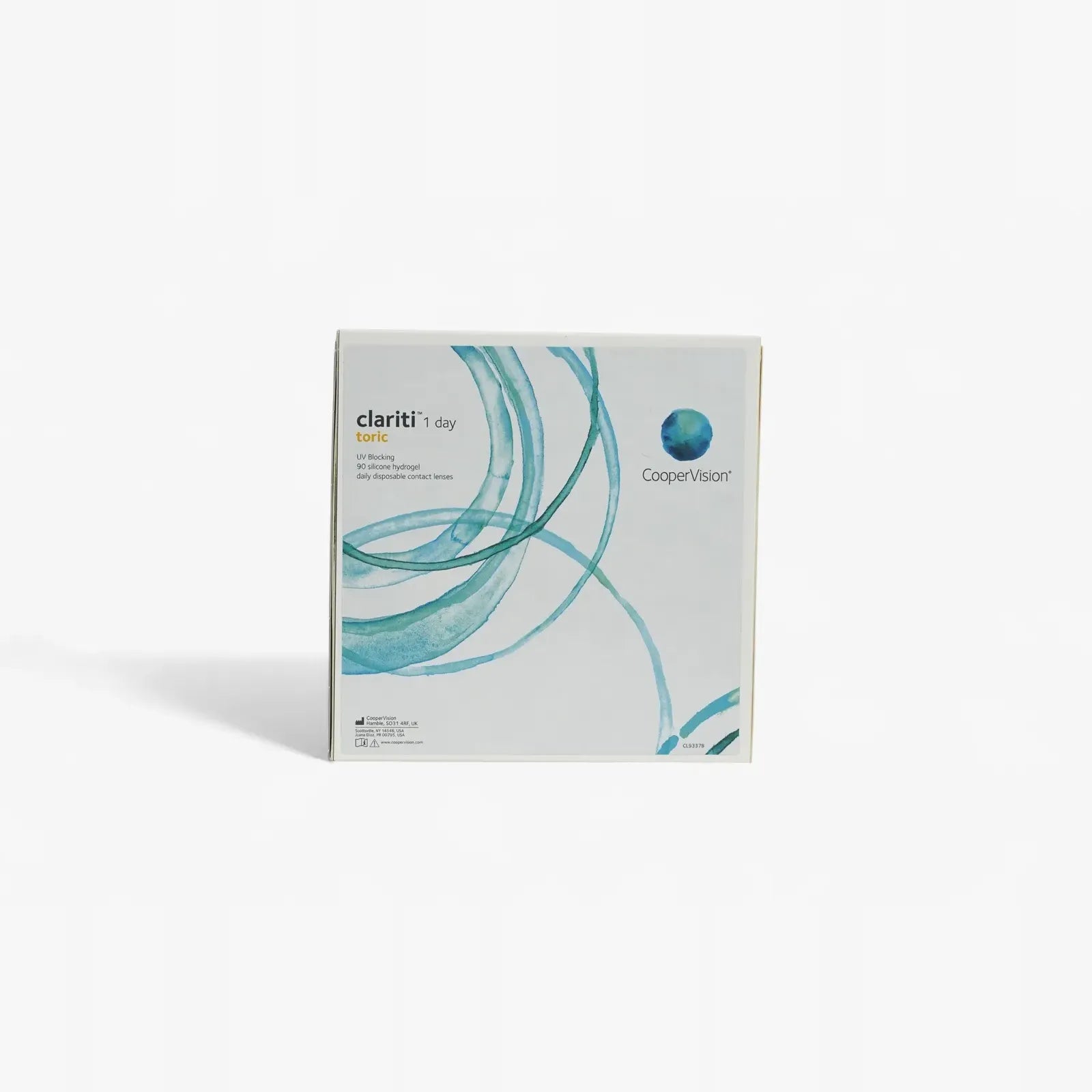 A 90-pack box of Clariti 1Day Toric daily contact lenses by Clariti, featuring a white background with teal and blue abstract swirl designs and prominent product branding on the front.