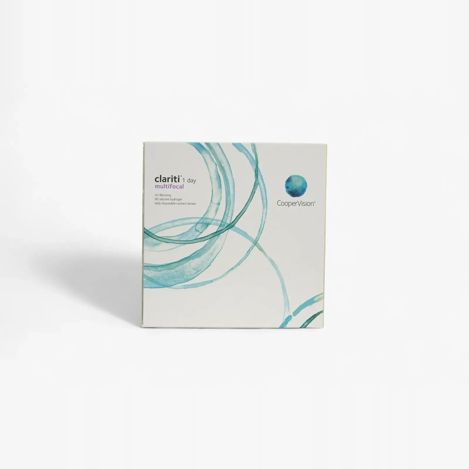 A white Clariti 1Day Multifocal 90-Pk box, with teal and green swirl designs and the Clariti logo on the front, offers all-day comfort.