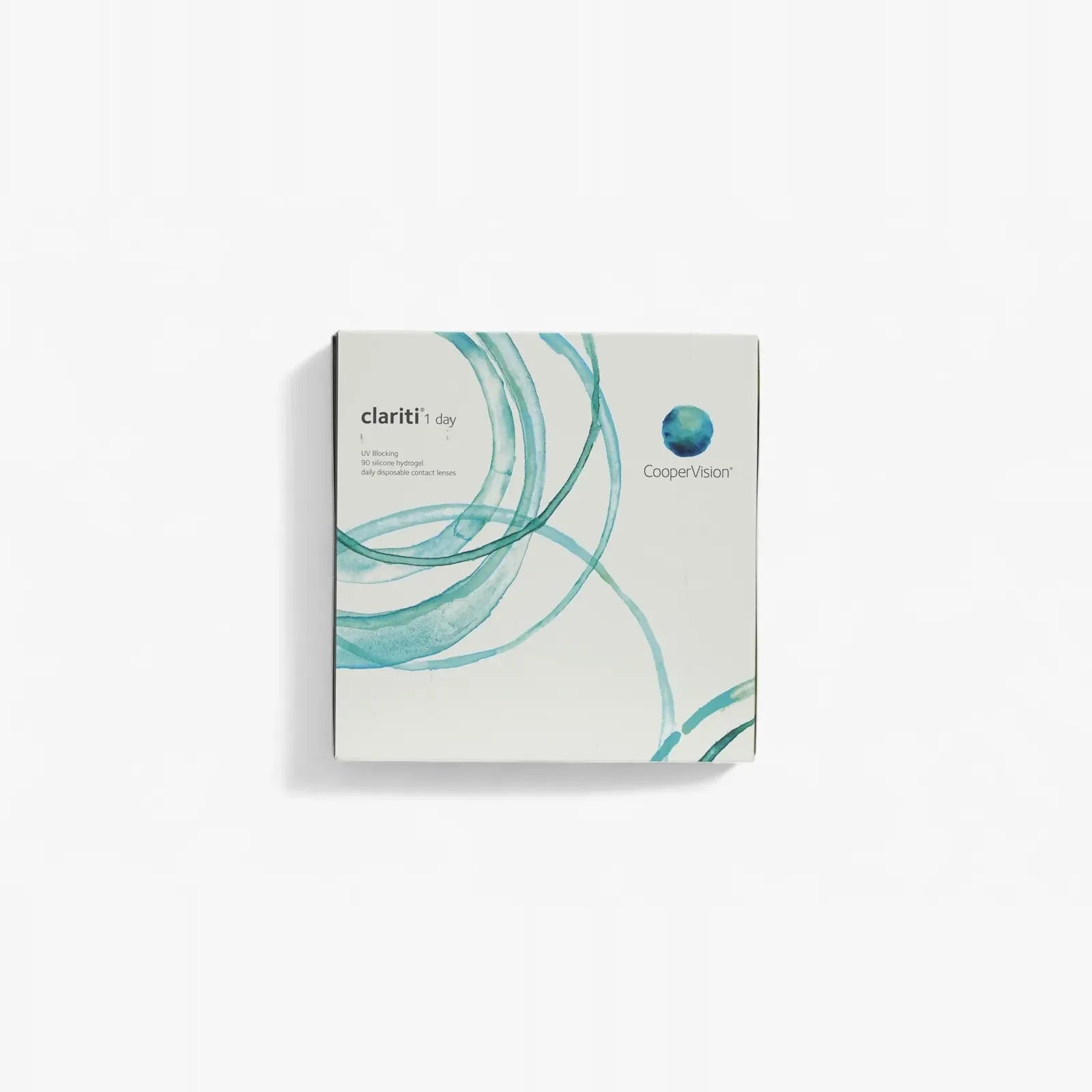 A white box of Clariti 1Day Sphere 90-Pk silicone hydrogel contact lenses with teal circular designs and the Clariti logo on the front, shown against a plain white background.
