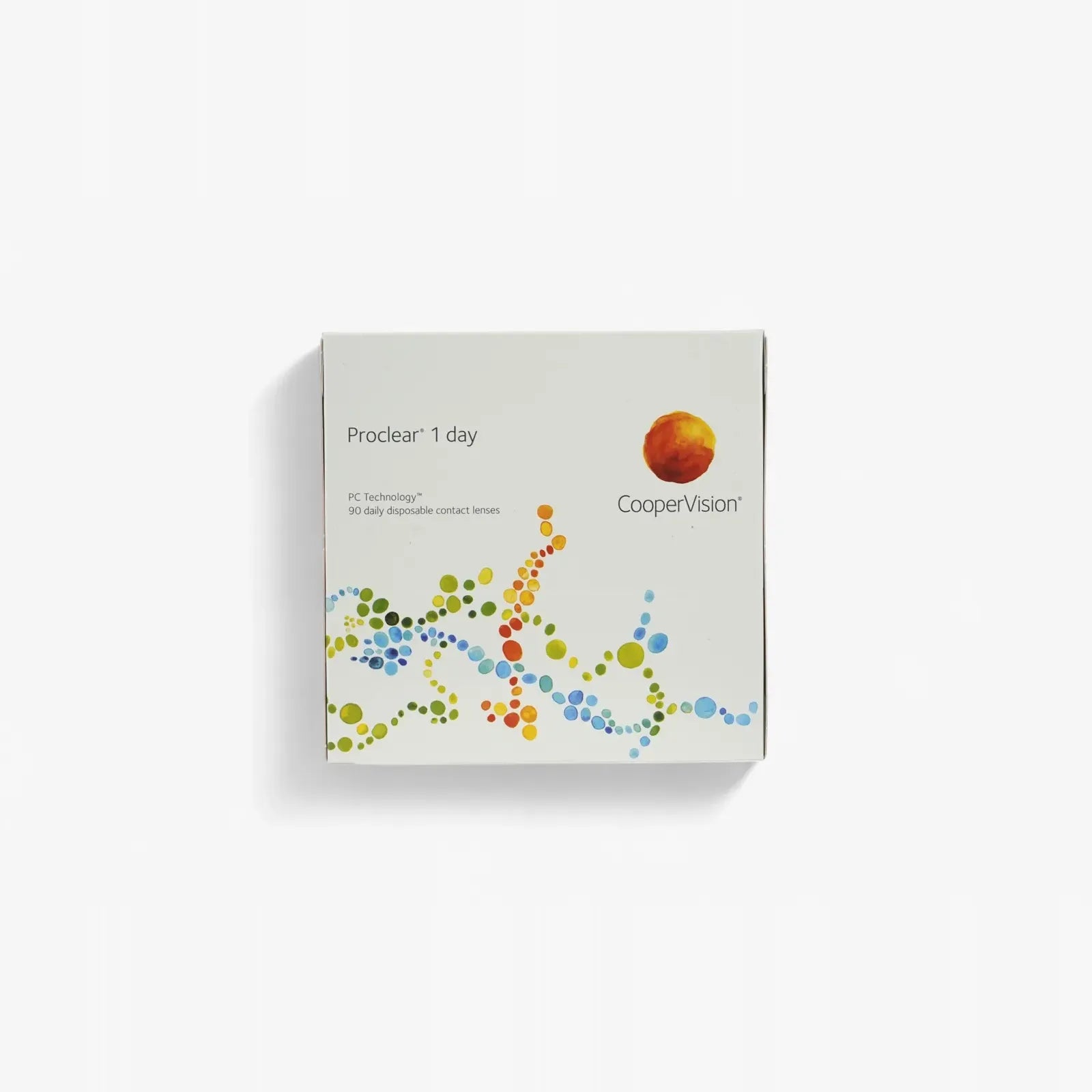 A white box of Proclear 1 Day - 90 Pack disposable contact lenses by Proclear, featuring a colorful dot design and logo, offers all-day comfort and hydration.