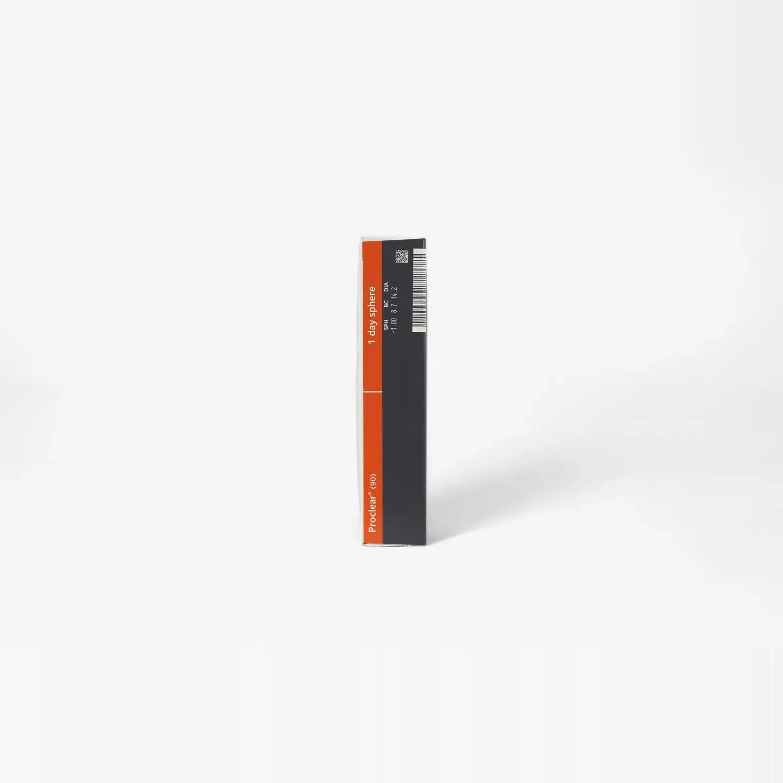 A slim, upright rectangular box with orange and black design showcases the Proclear 1 Day - 90 Pack from Proclear. Set against a white background, the minimal setting emphasizes contact lens comfort and clear branding.