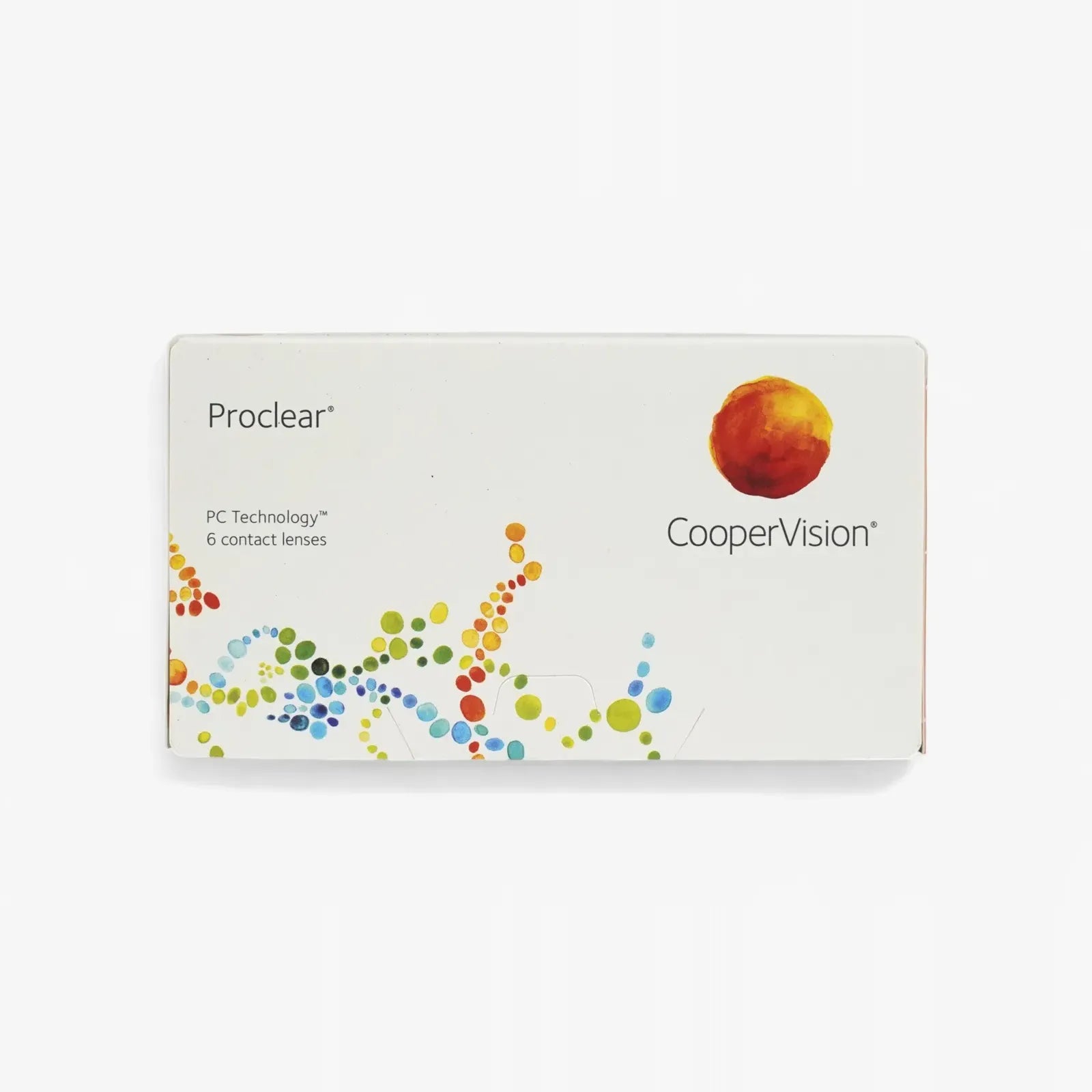 A white box of Proclear Sphere - 6 Pack by Proclear, featuring colorful dots and an orange circle on the front. The box highlights PC Technology and contains 6 hydrated lenses—ideal for those buying contact lenses online.