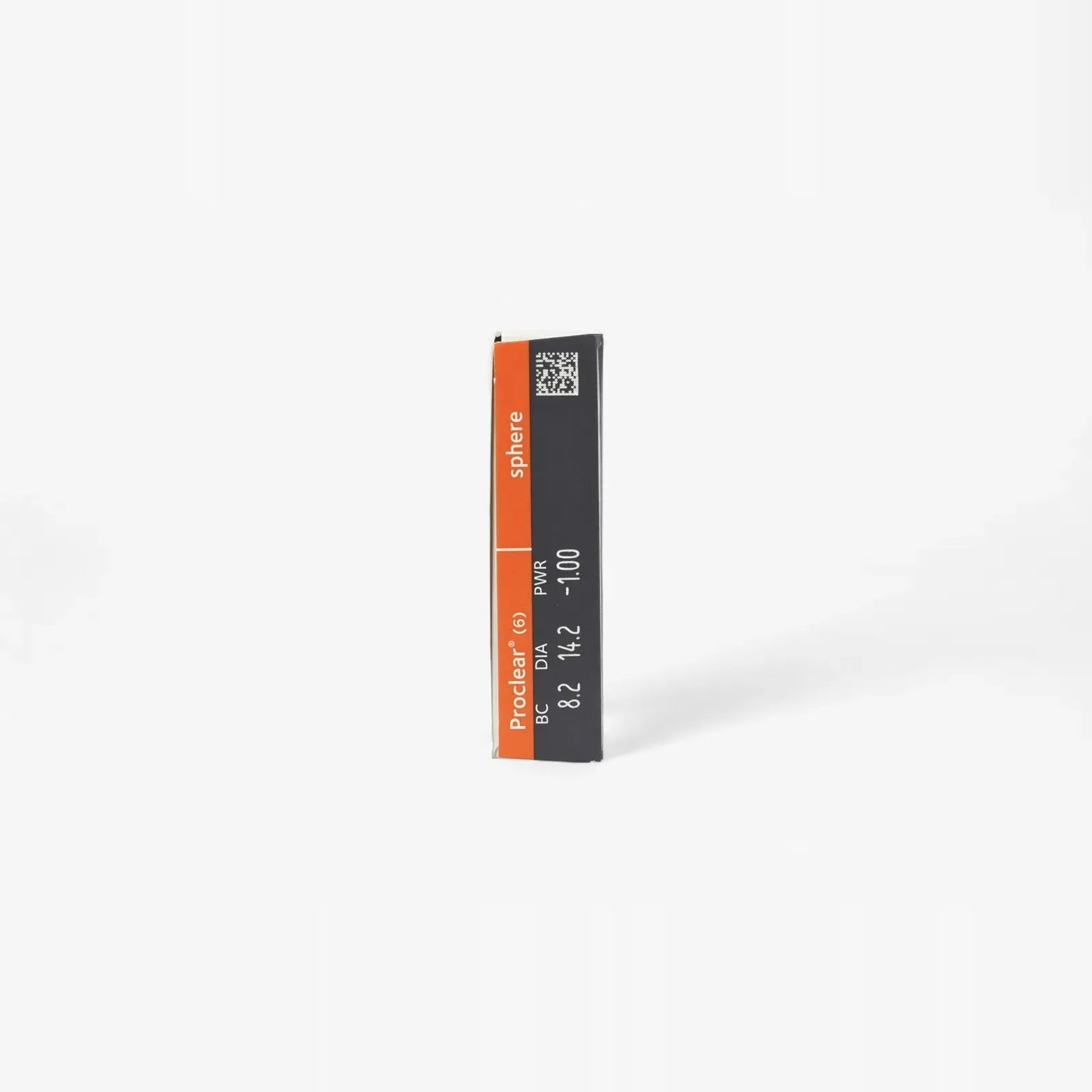 A rectangular black and orange Proclear Sphere - 6 Pack eyeglass lens box stands upright against a plain white background—perfect for those seeking hydrated contact lenses.
