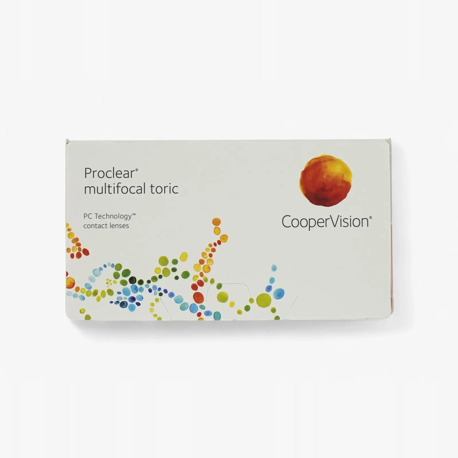 A white Proclear Multifocal Toric - 6 Pack box, designed for astigmatic presbyopes, features colorful dotted patterns and an orange circle logo in the top right corner.