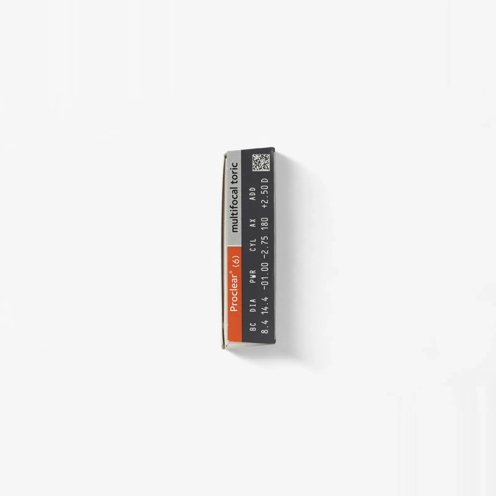 A rectangular gray and orange Proclear box labeled Proclear Multifocal Toric - 6 Pack for astigmatic presbyopes, with specs in white text, photographed against a white background.