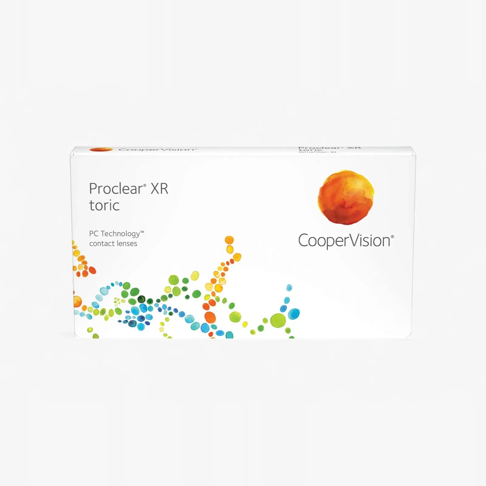A white box of Proclear Toric XR - 6 Pack contact lenses by Proclear, adorned with colorful dots and the brand logo, designed for those who need extended range toric lenses.