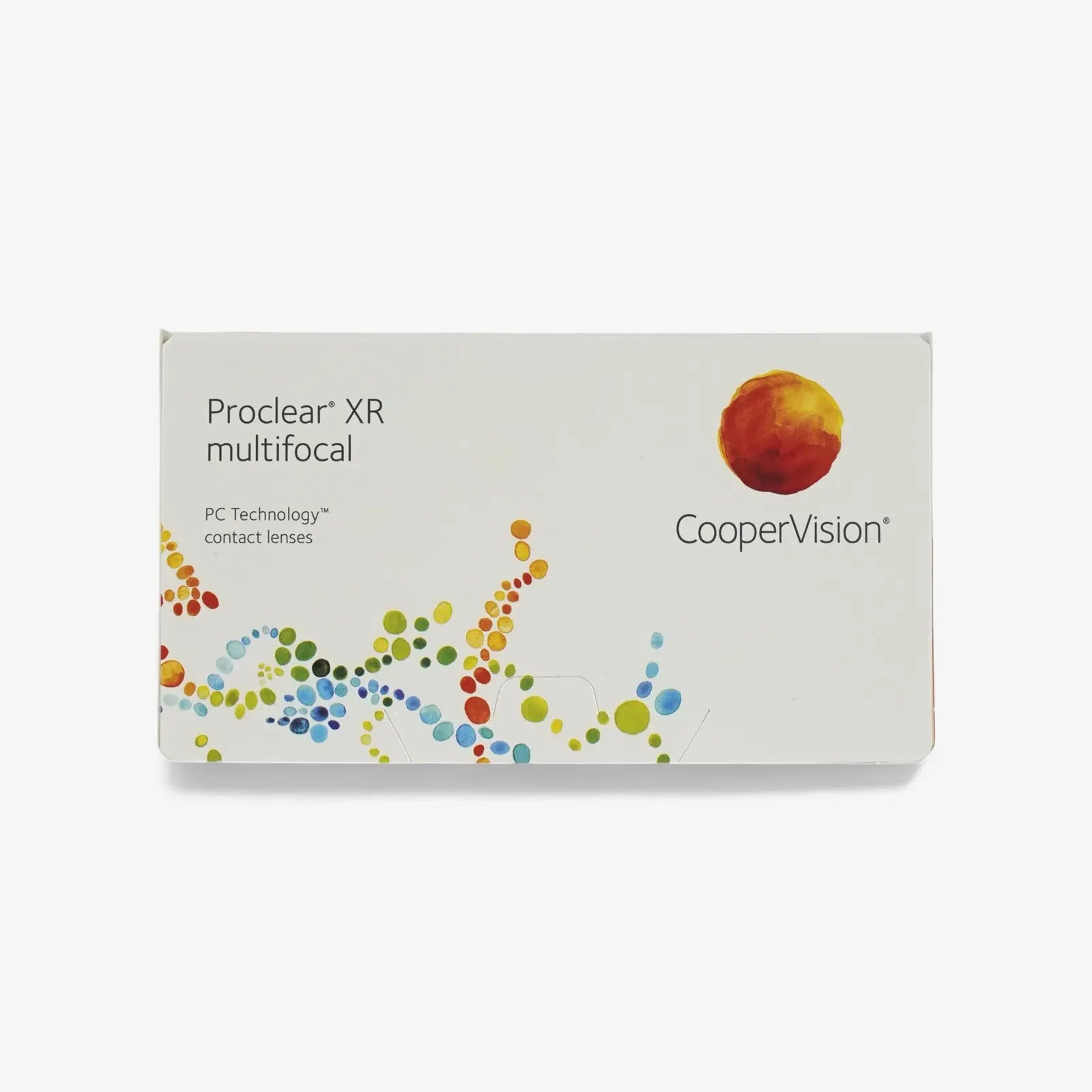 A box of Proclear Multifocal XR - 6 Pk contact lenses by Proclear, featuring a colorful dotted design and an orange-red circular logo on a white background.
