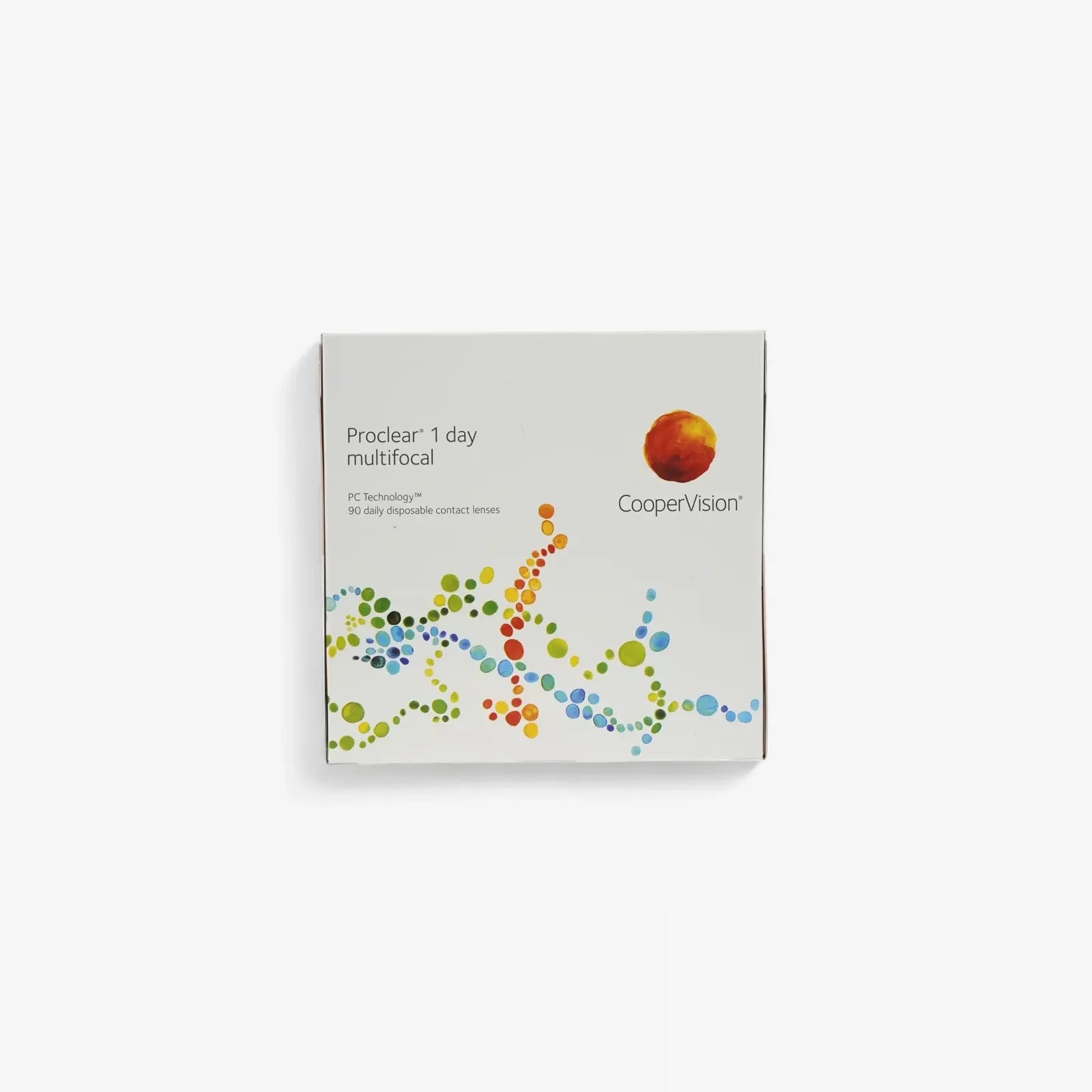 A box of Proclear 1 Day Multifocal - 90 Pk contact lenses by Proclear, shown with dotted lines and the CooperVision logo on a white background—perfect for clear, comfortable vision, and compatible with vision insurance.