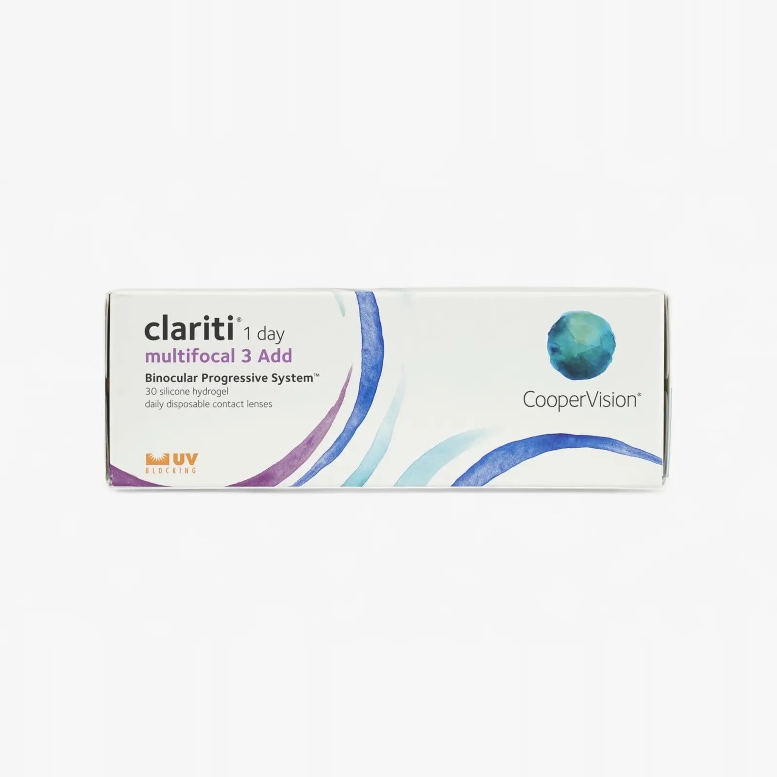 A white box of Clariti 1Day Multifocal 3Add 30-Pk by Clariti, featuring a blue and green globe logo with abstract waves—ideal for daily comfort and convenience when buying contacts online.