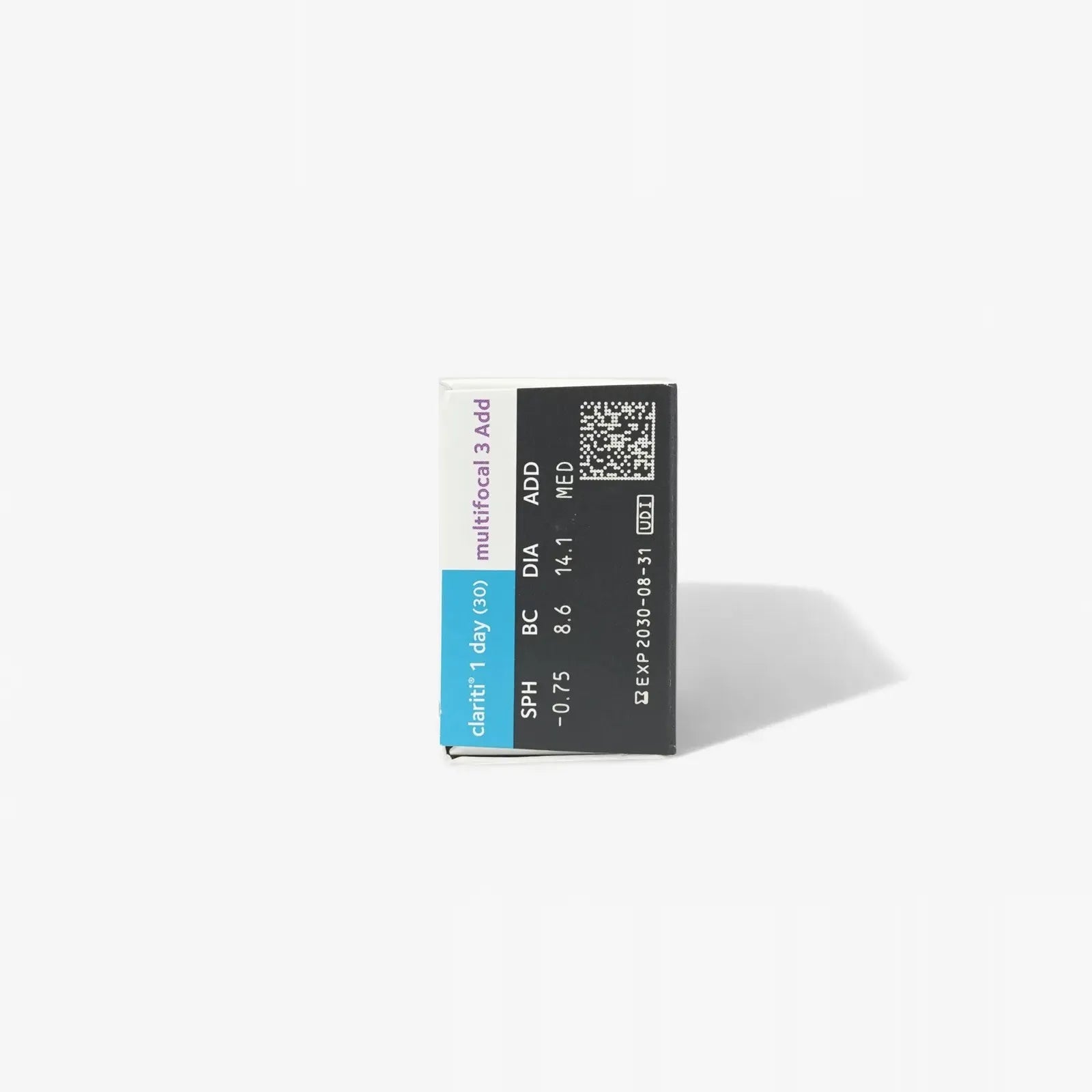 A Clariti 1Day Multifocal 3Add 30-Pk contact lens box with SPH, BC, DIA, ADD, and a QR code stands upright on a white background—ideal for anyone buying contacts online or switching to daily multifocal lenses.