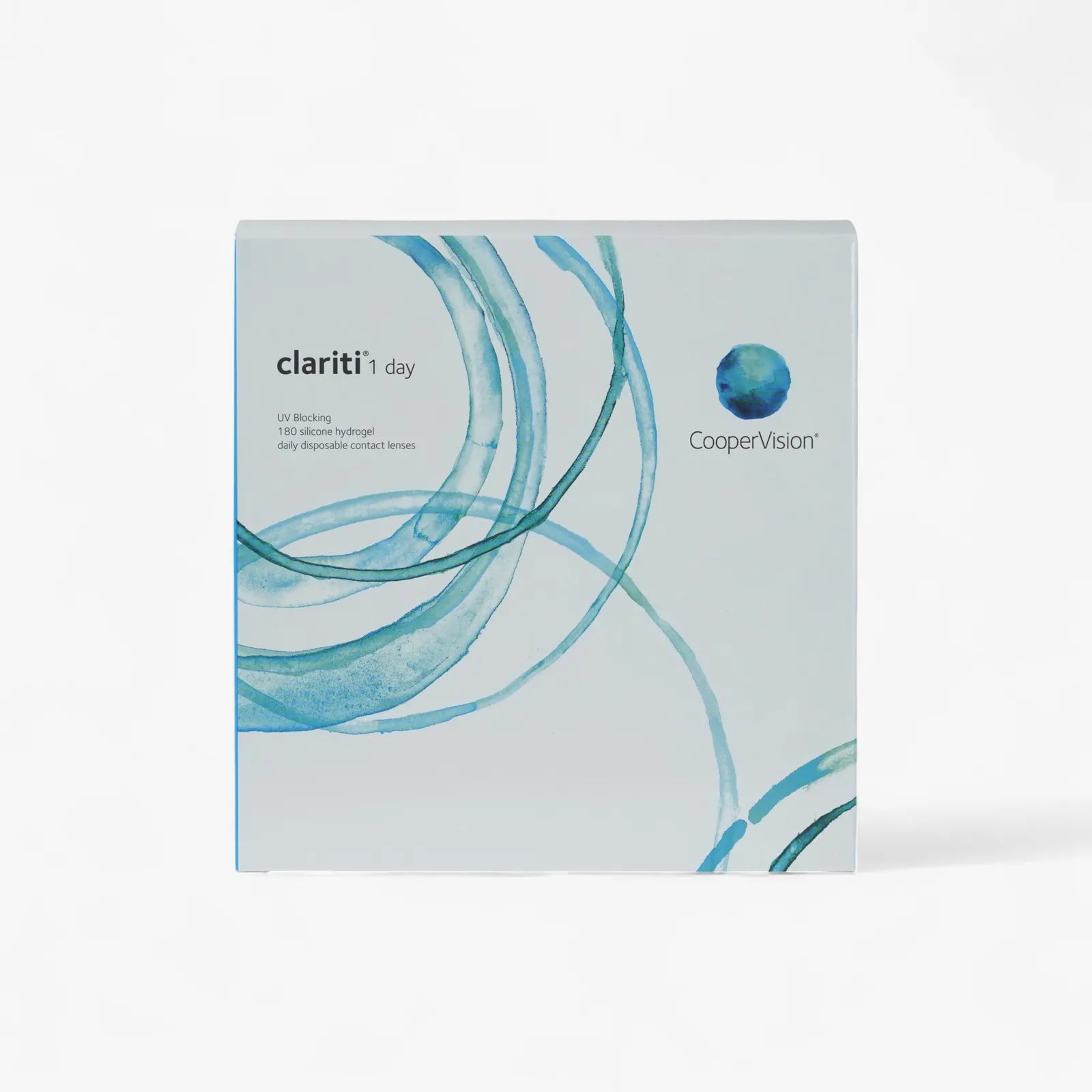 A box of Clariti 1Day Sphere 180-Pk lenses from Clariti, featuring blue and teal circles on white packaging—ideal daily silicone hydrogel contacts for comfortable, breathable wear.