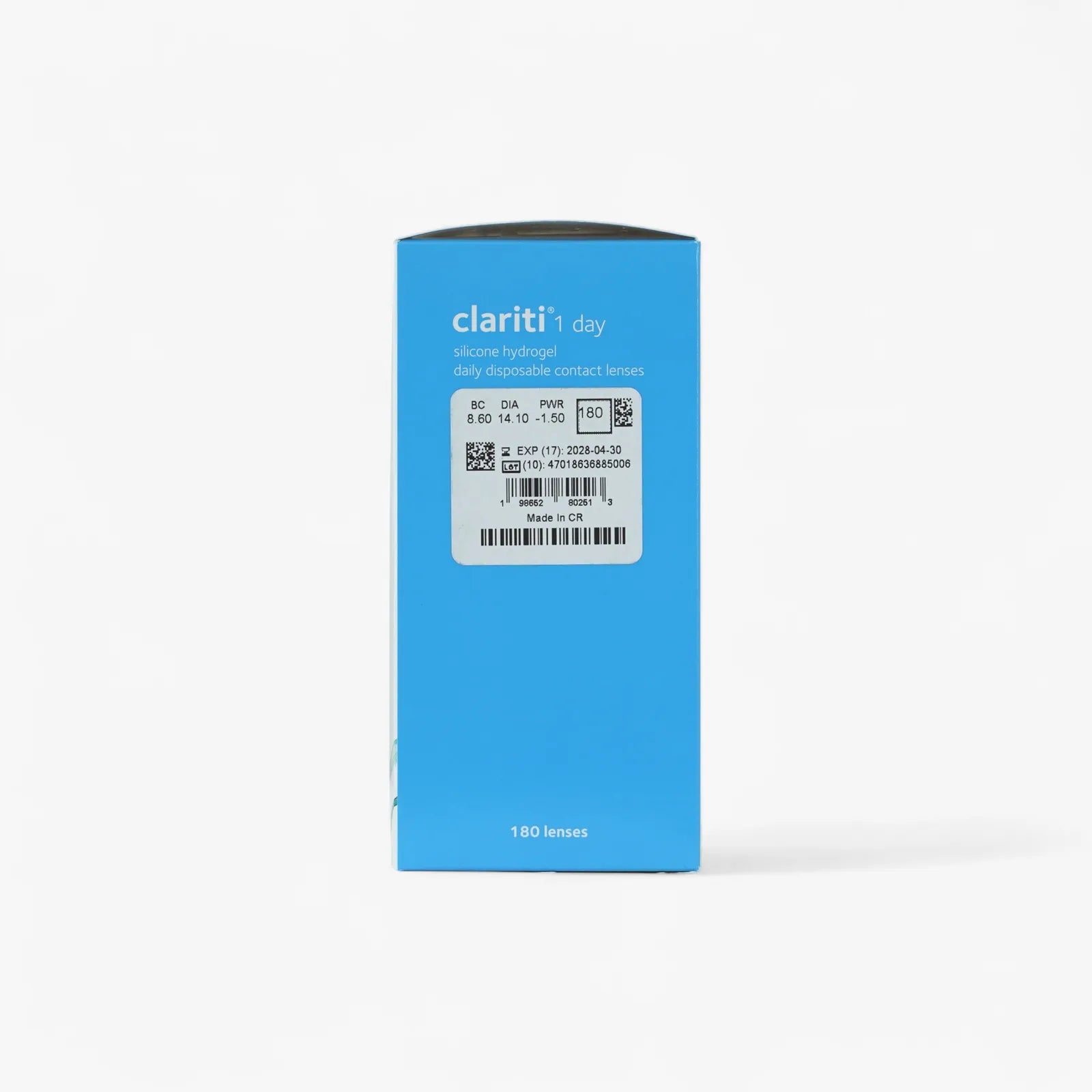 A blue box of Clariti 1Day Sphere 180-Pk by Clariti, containing 180 silicone hydrogel daily contact lenses, shows product details, prescription info, and a barcode on the front.