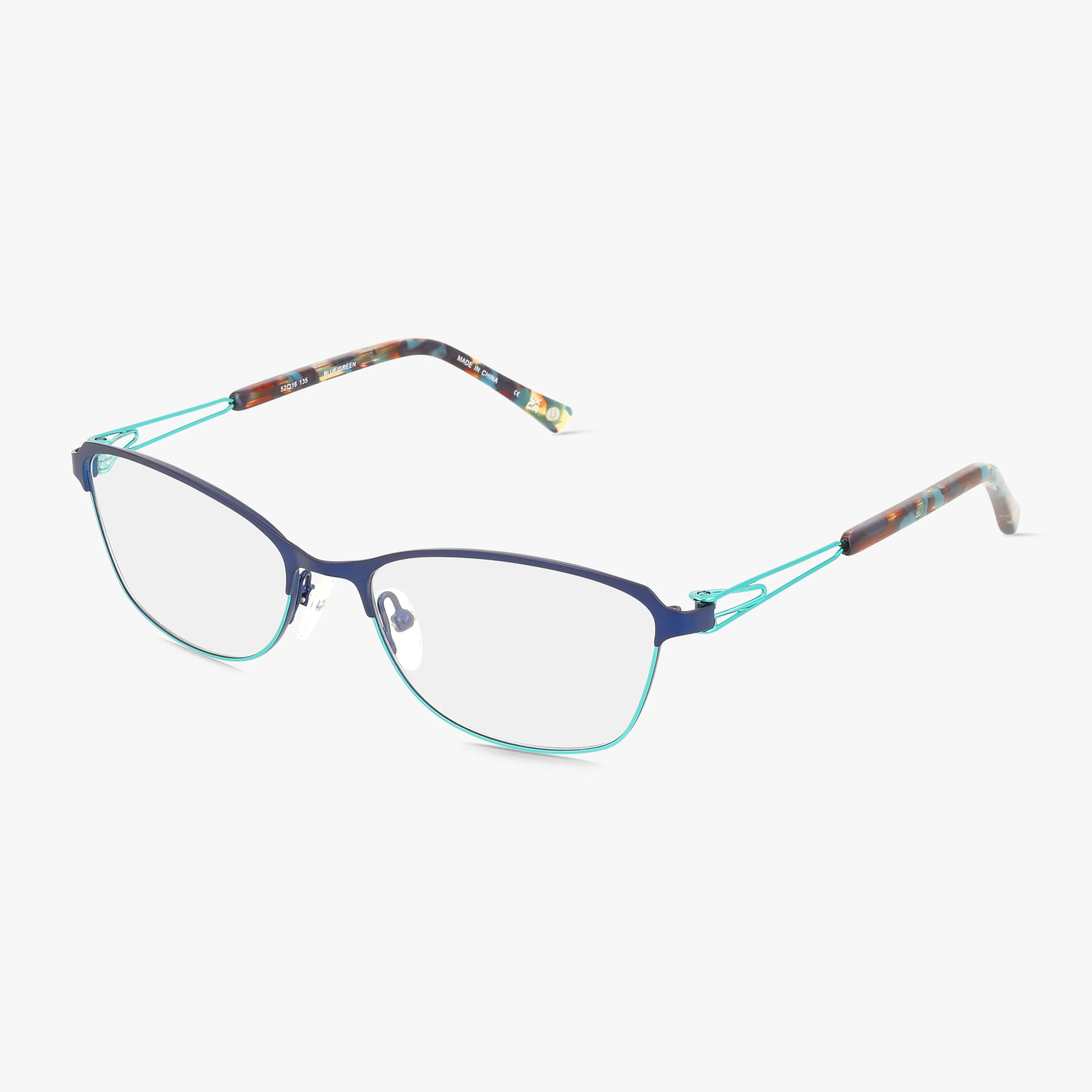 The Bulova KITTY HAWK features lightweight blue-green metal frames, clear lenses, and patterned temple arms for a modern, stylish look—versatile eyewear for any occasion.