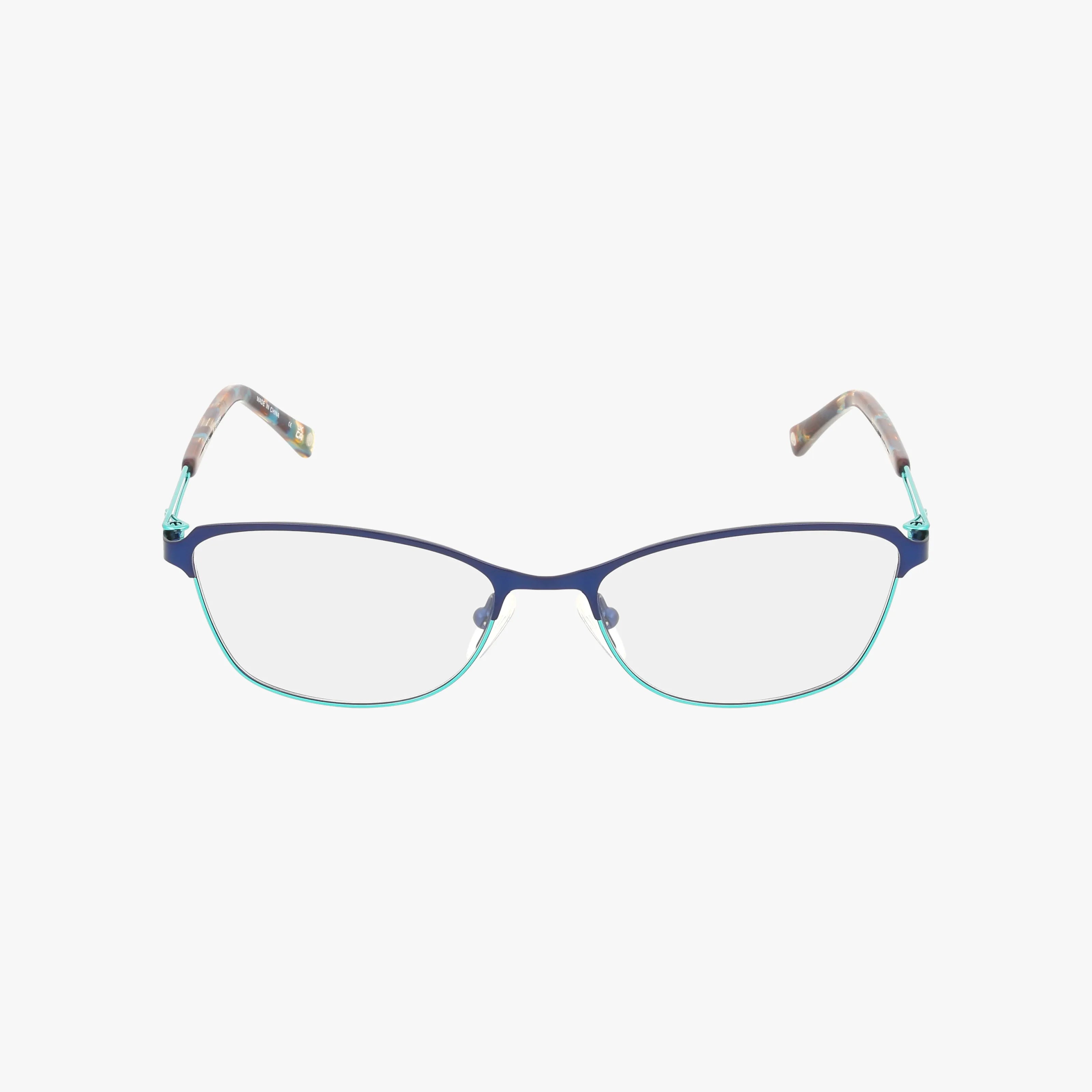The Bulova KITTY HAWK glasses feature lightweight blue and turquoise metal frames with thin, patterned temple arms, shown on a white background.
