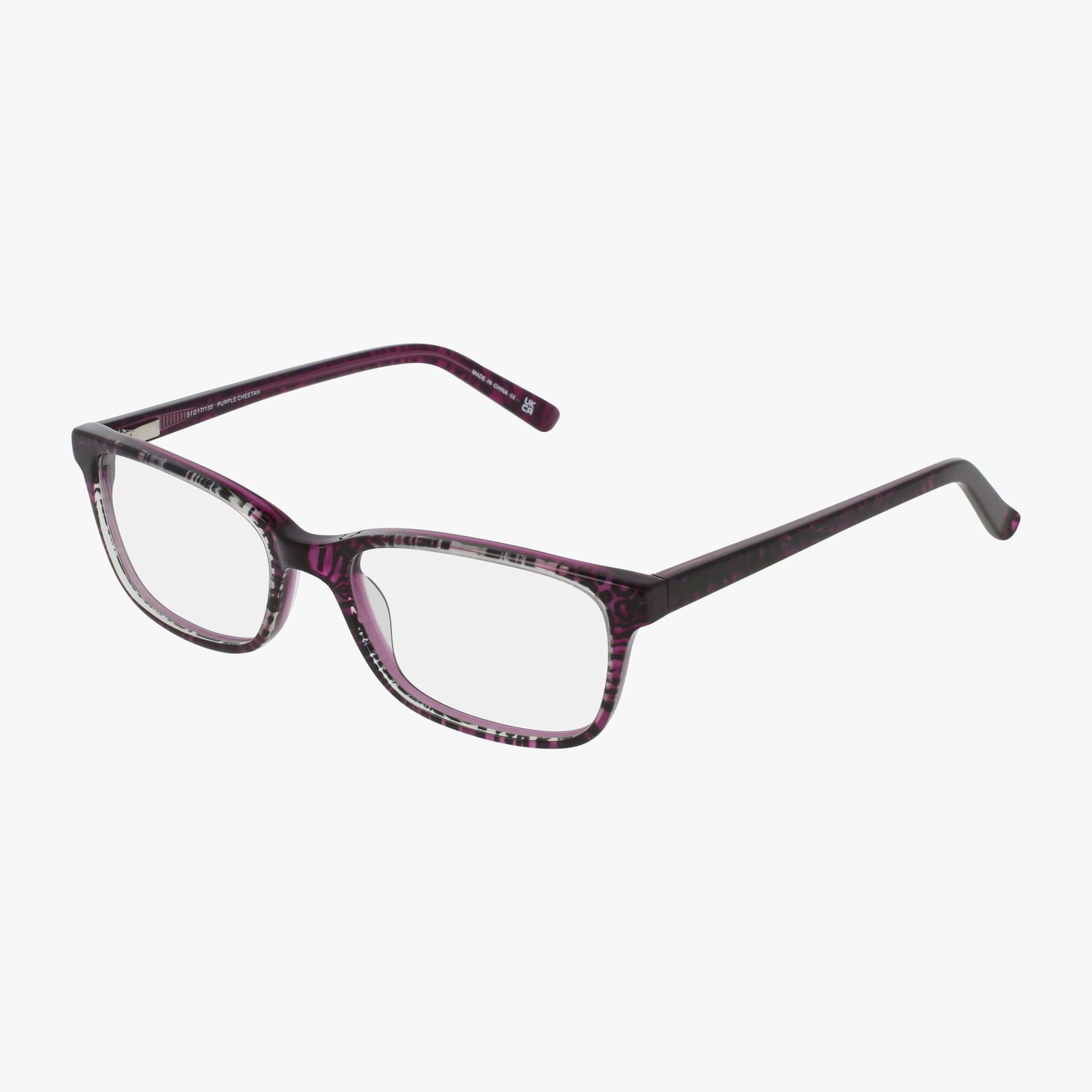 Karen Kane PAVATI features rectangular clear lenses and a modern purple patterned plastic frame, displayed at an angle on a white background—an ideal choice for online shopping.