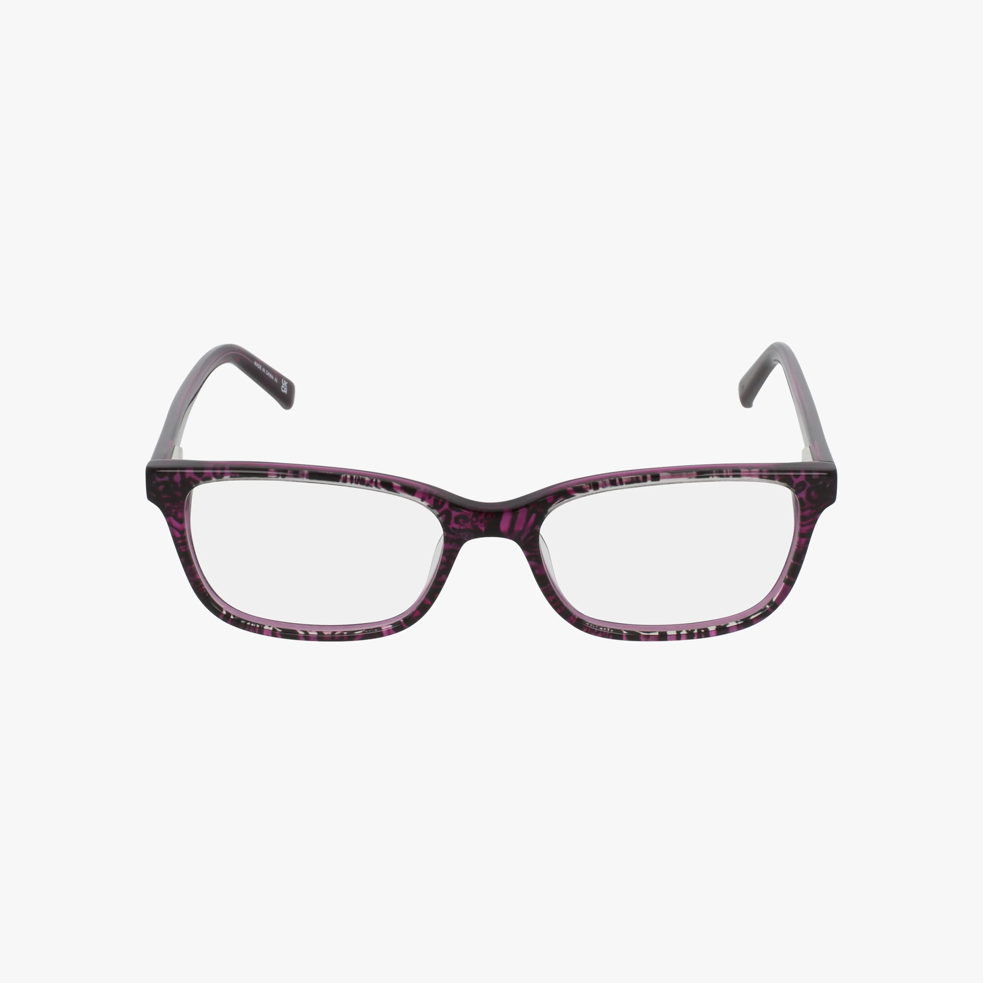 The Karen Kane PAVATI features rectangular clear lenses with a modern purple and black patterned frame, displayed front-facing on a white background—ideal for online shopping.