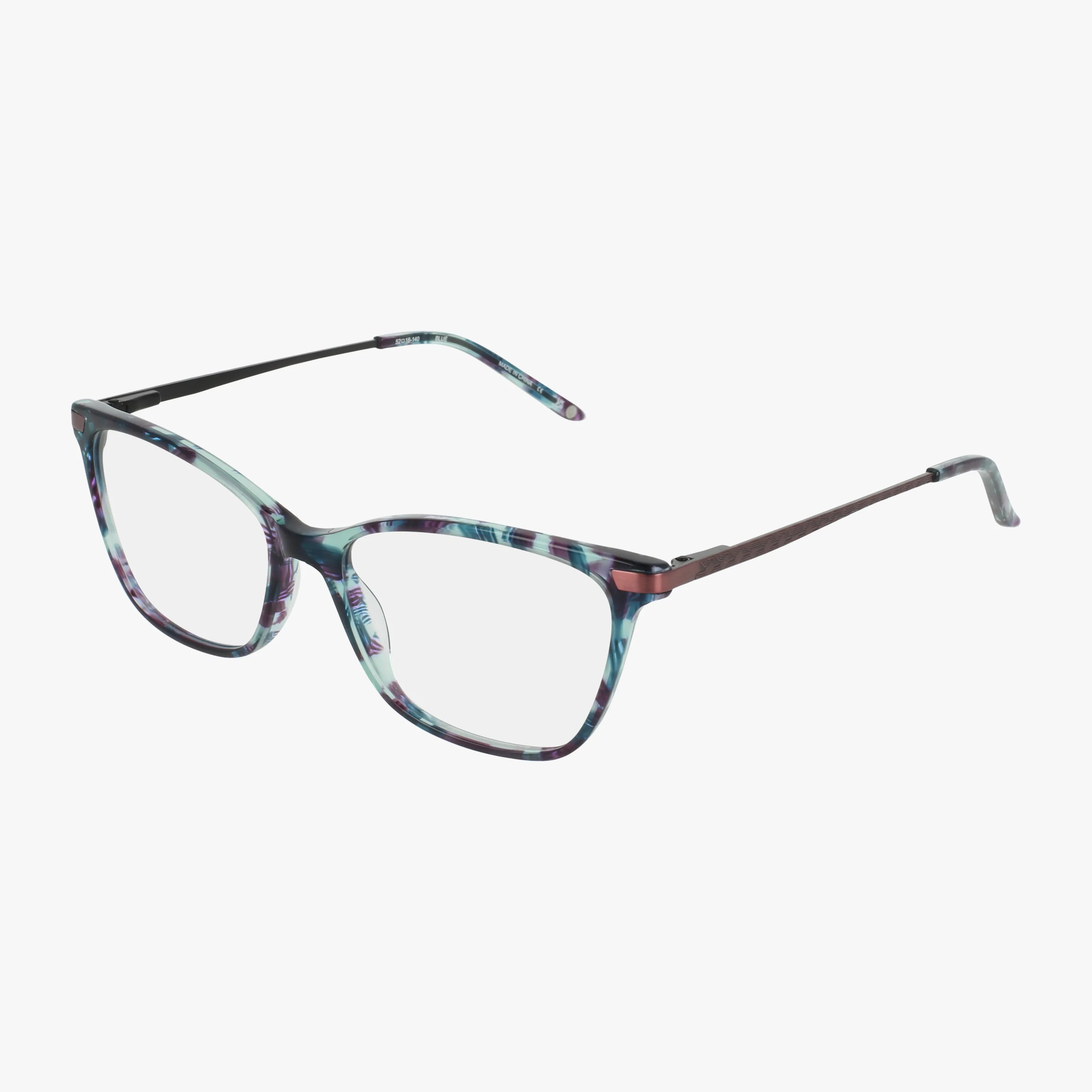The Bulova Midway eyeglass frame features large, rounded rectangular lenses and a blue marbled pattern with thin metal arms, combining modern style and clear vision for lasting elegance.