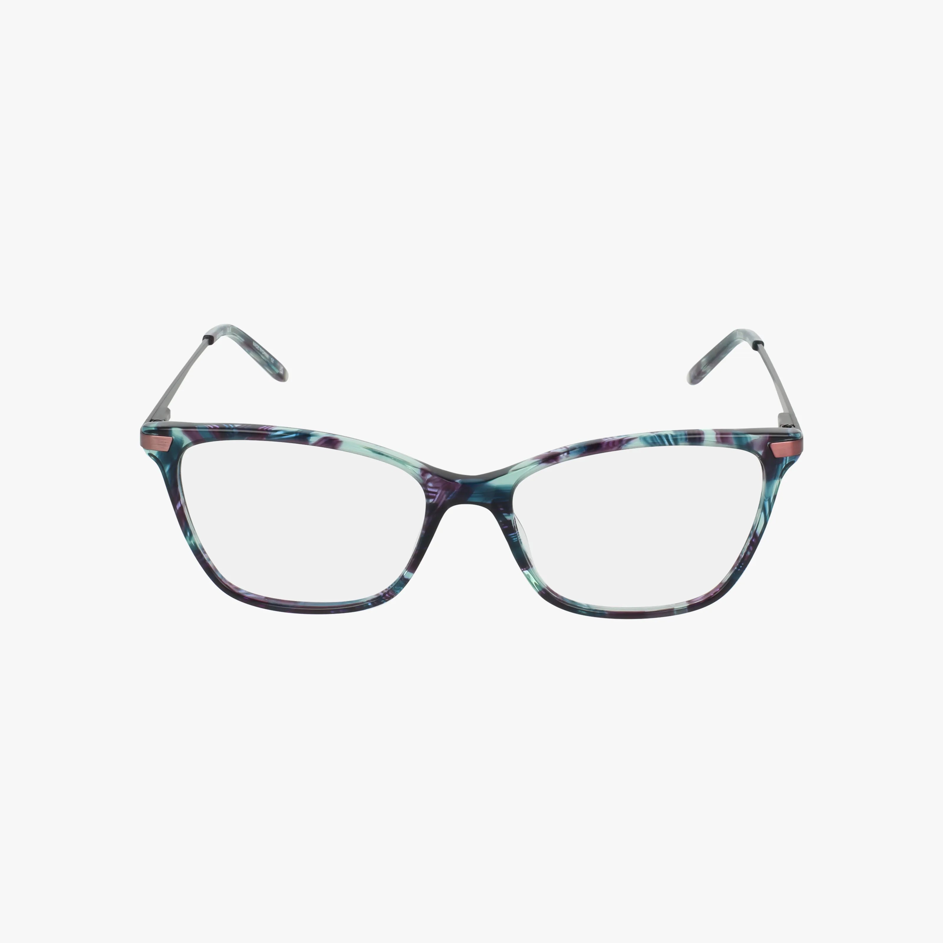 The Bulova Midway cat-eye eyeglass frames feature a marbled blue, purple, and white pattern, blending lasting elegance with stylish vision benefits. Displayed on a white background.