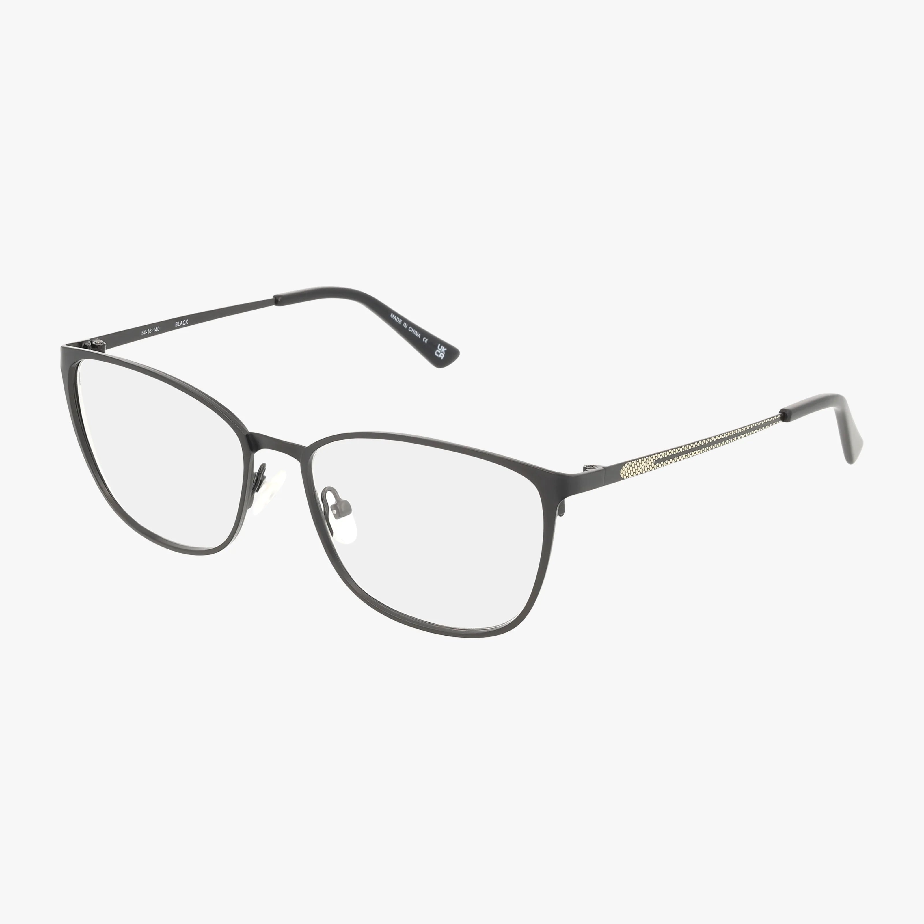 The Bulova WEMBLEY eyeglasses feature thin black rectangular frames with gold textured temple detailing and a well-balanced design, shown on a white background.
