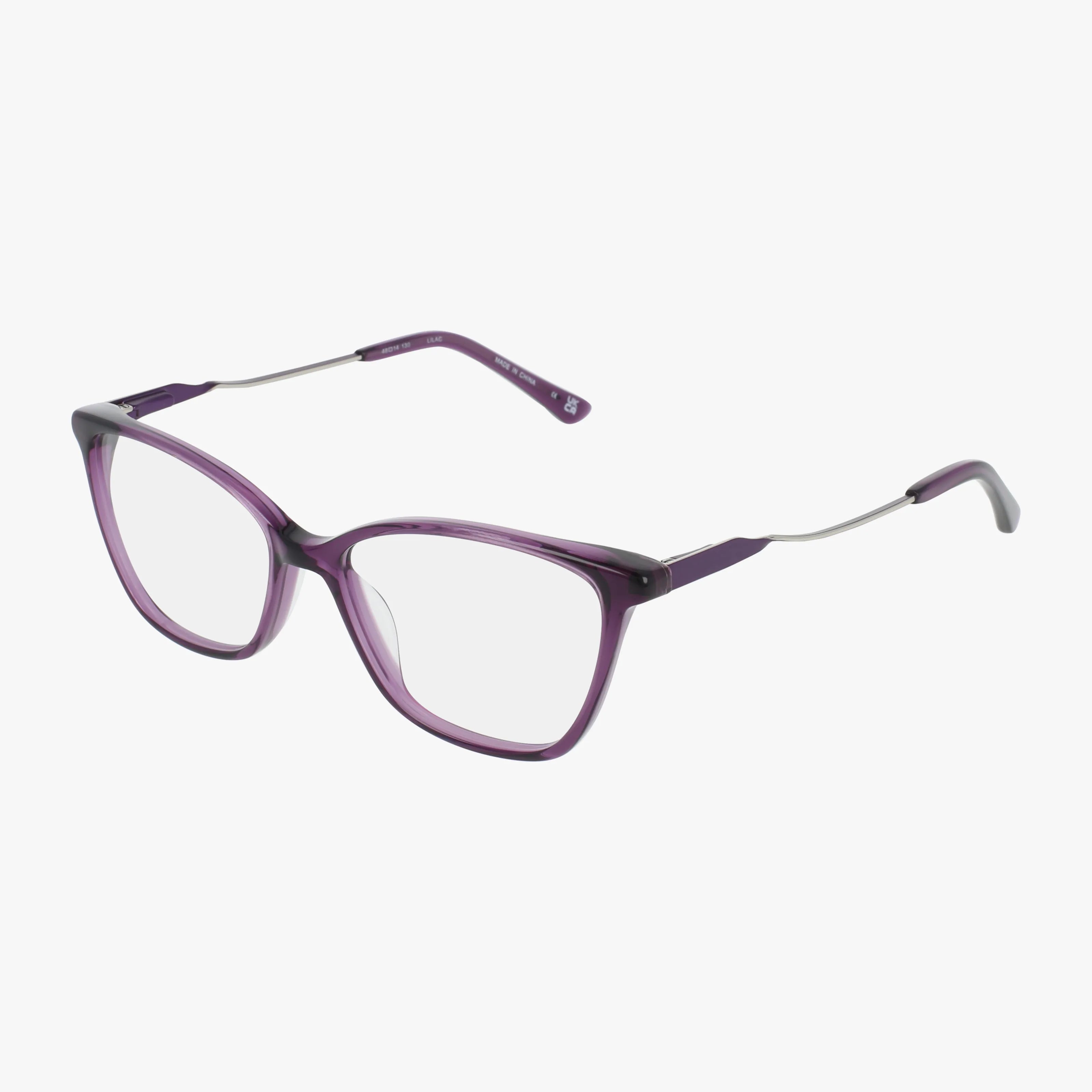 The Karen Kane Nutmeg eyeglasses feature lightweight, cat-eye purple light frames with silver metal arms—ideal for daily wear—shown on a white background.