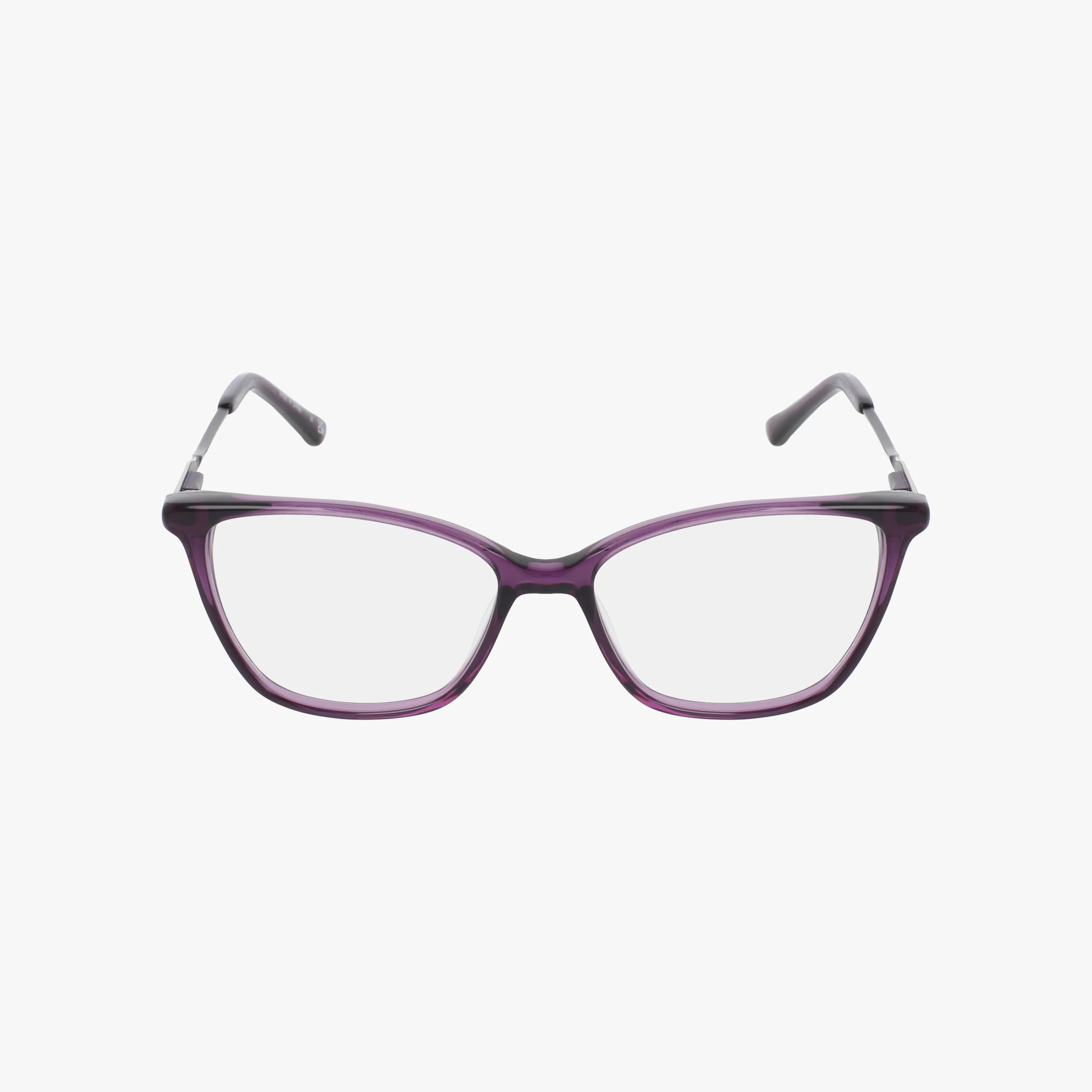 Karen Kane Nutmeg cat-eye eyeglasses feature lightweight purple frames and clear lenses, perfect for daily wear, shown against a plain white background.