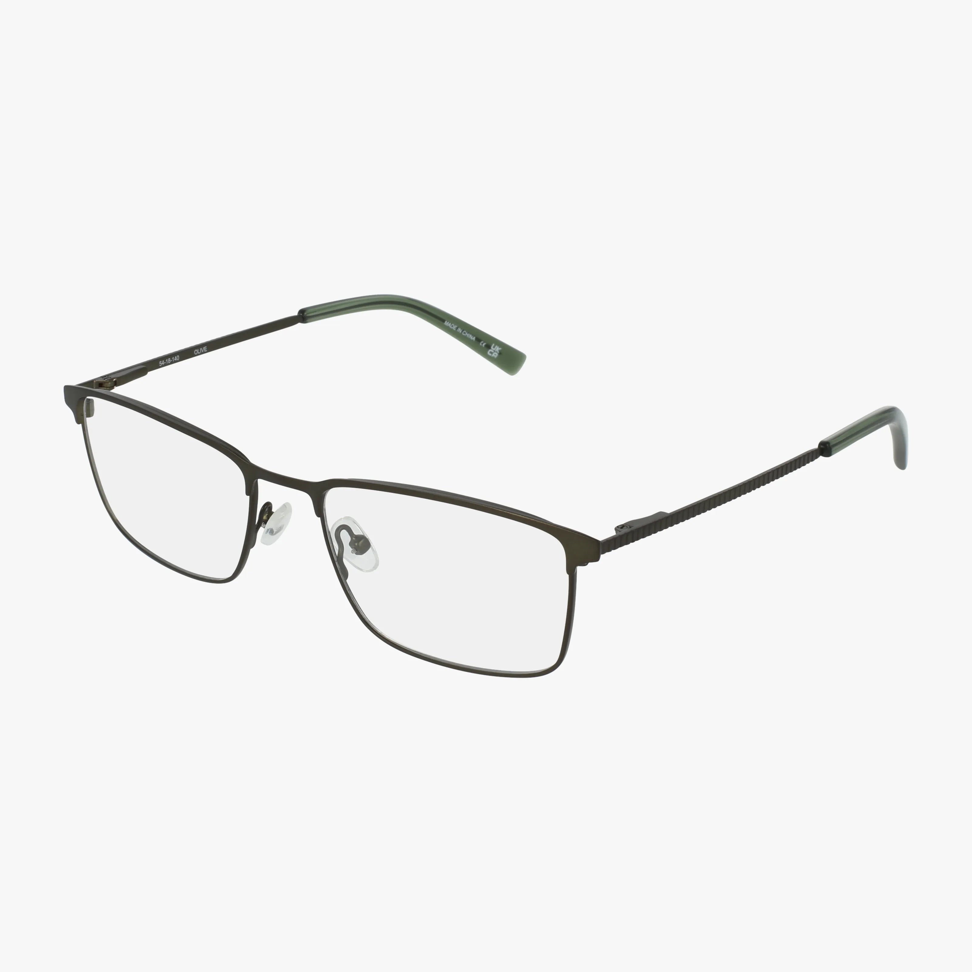 Karoli by Colours by AJ: rectangular, thin metal eyeglasses with a stylish Green Olive frame and green-tipped temples, displayed on a white background. Designed for a secure fit.