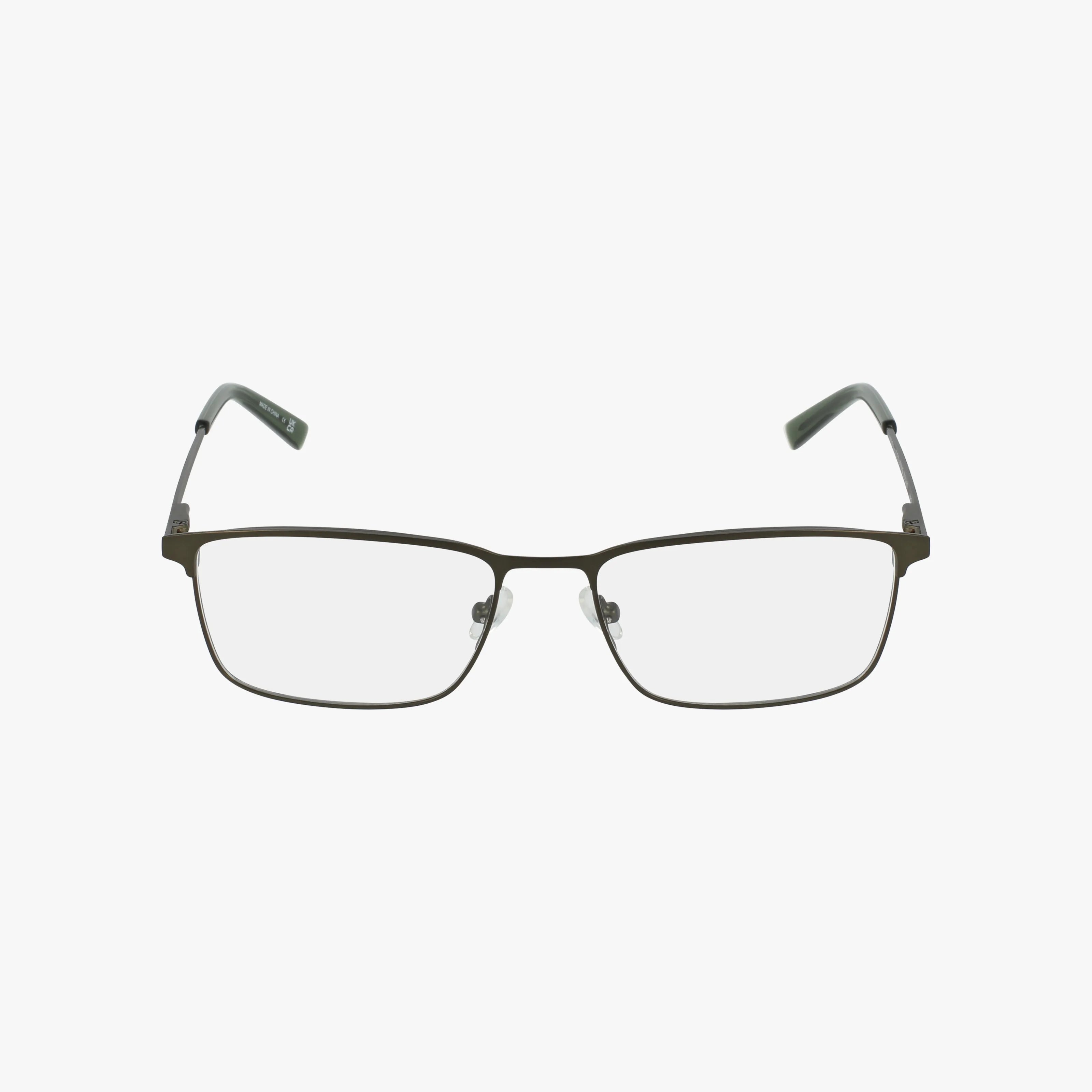The Karoli eyeglasses by Colours by AJ feature a stylish rectangular frame crafted from thin dark metal with clear lenses. The arms curve slightly at the ends for a secure fit, all showcased against a plain white background.