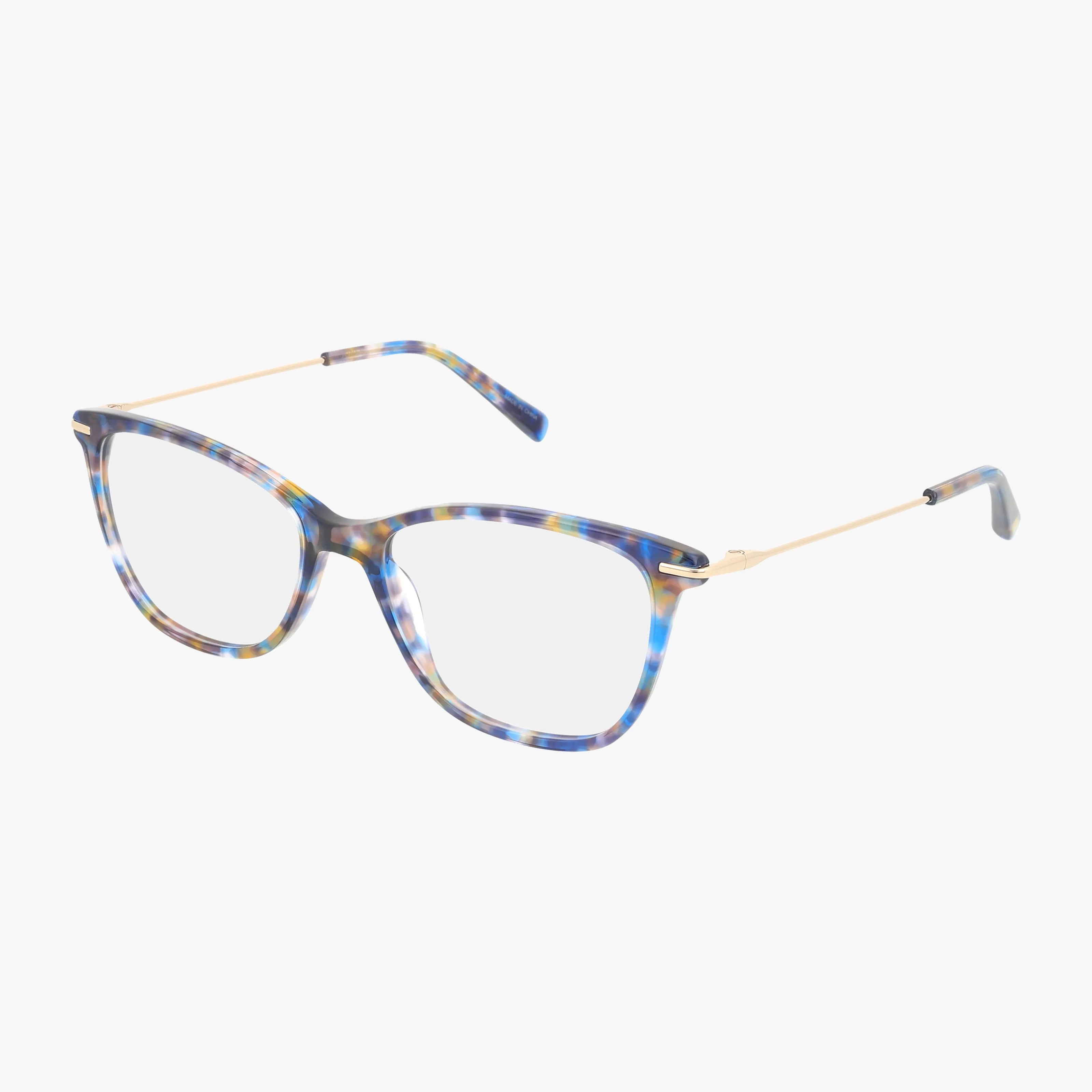 Jones NY J775 eyeglasses feature blue and multicolored tortoiseshell minimalist frames, clear prescription lenses, and thin gold metal arms, shown on a white background.