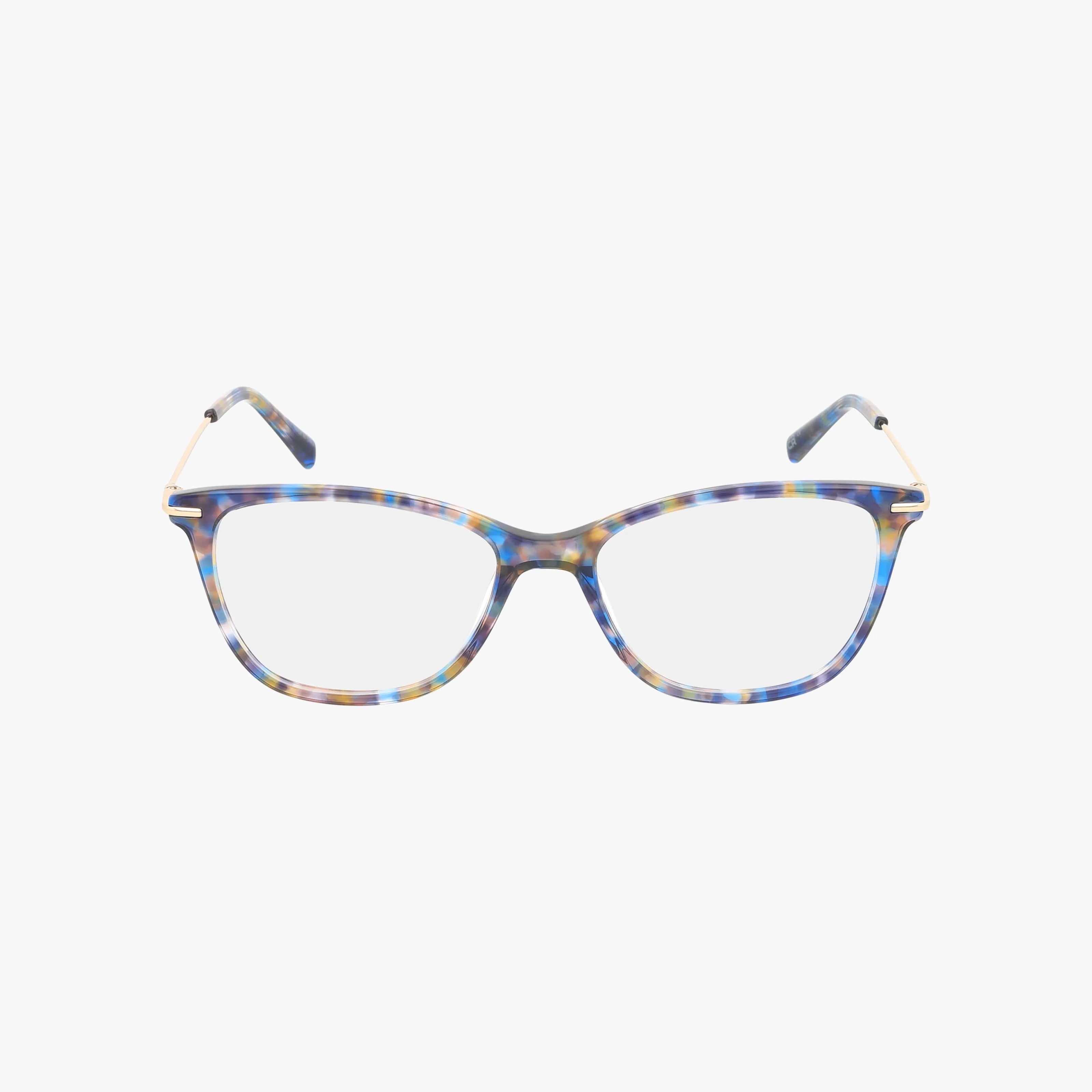 The Jones NY J775 cat-eye eyeglasses feature a minimalist frame with a multicolored speckled design and clear prescription lenses, displayed on a white background.