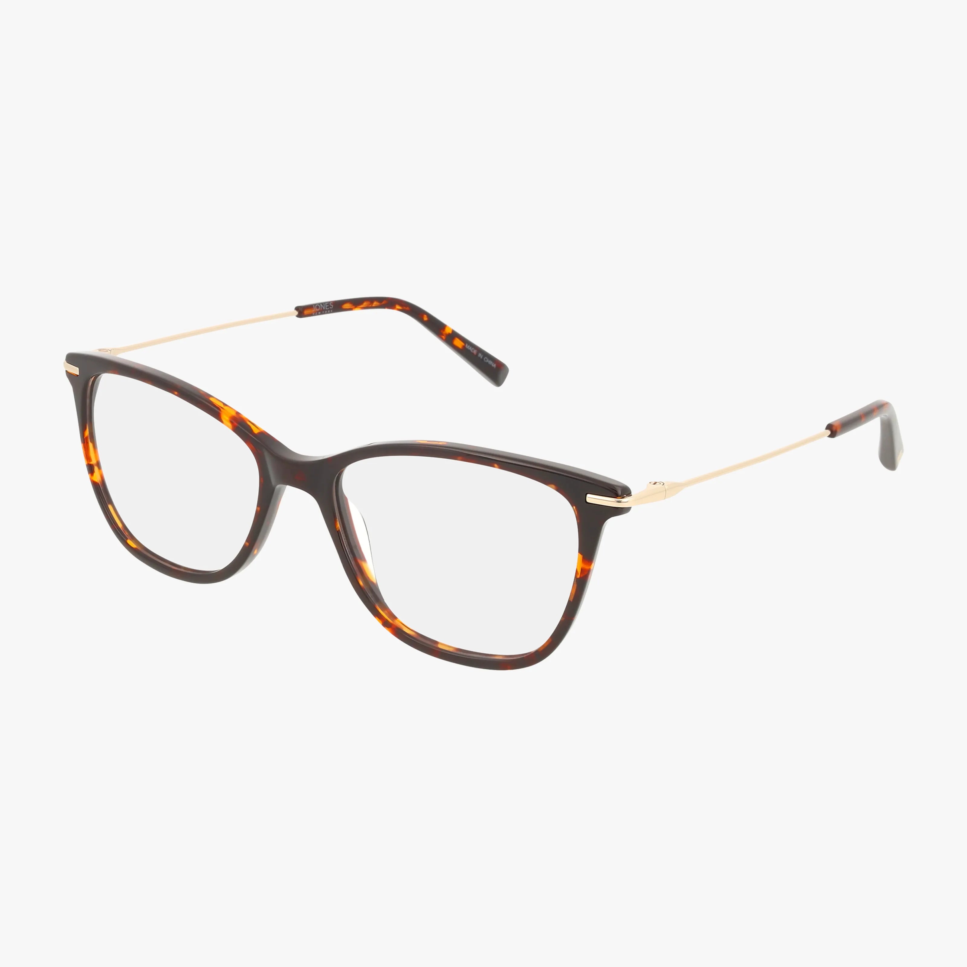 The Jones NY J775 eyeglasses feature square tortoiseshell plastic frames with thin gold metal arms and a minimalist design, shown against a white background.