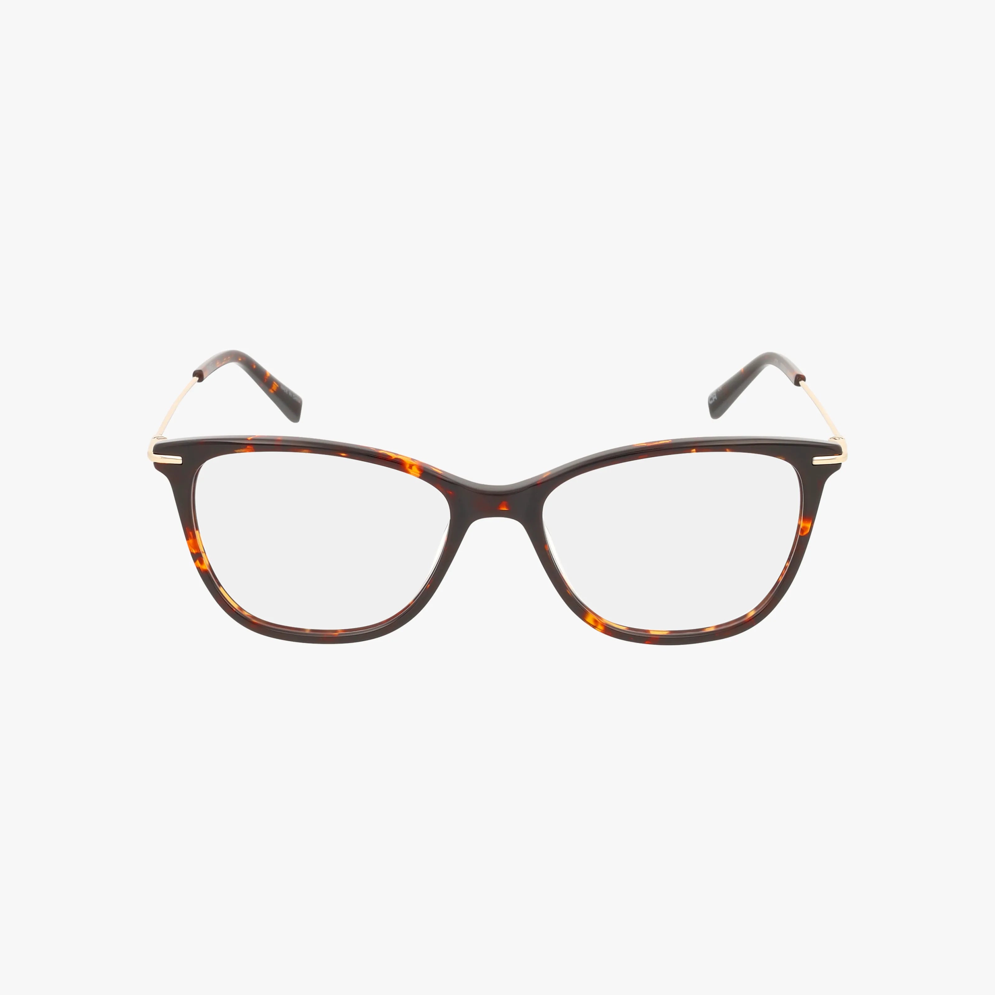 The Jones NY J775 eyeglasses feature a rectangular tortoiseshell frame with thin metal arms, offering a minimalist design and modern durability, shown against a white background.