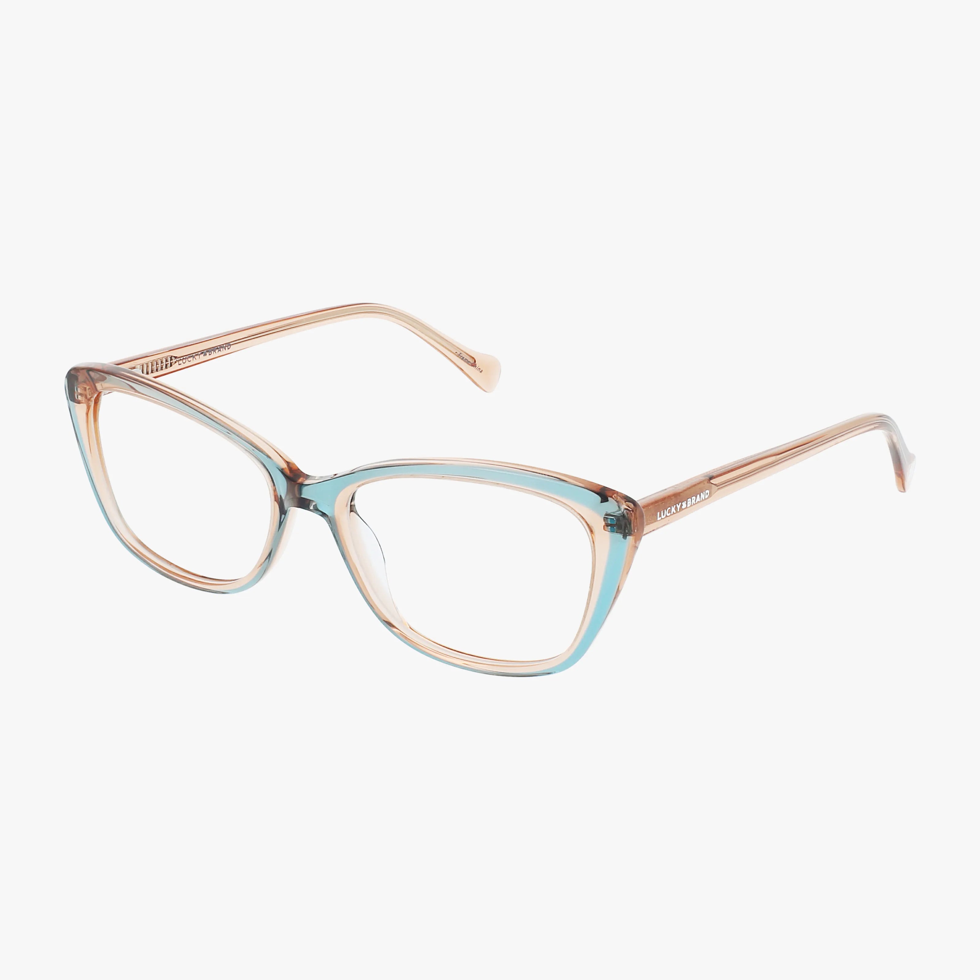 The Lucky D219 is a pair of stylish, transparent square frames with light brown and blue gradient arms and rims. Versatile for prescription lenses, these eyeglasses are photographed on a white background.