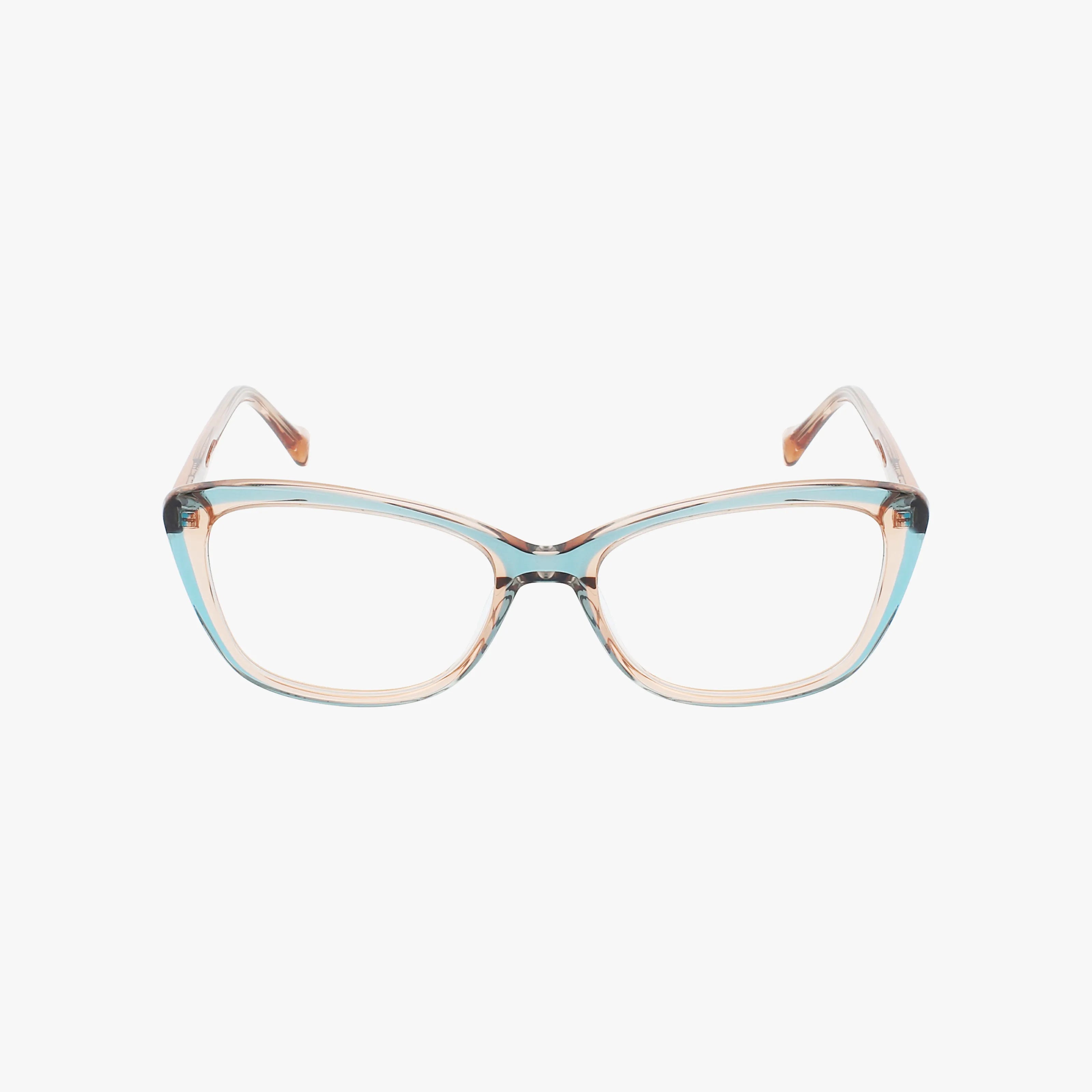 The Lucky D219 cat-eye prescription eyewear features transparent frames with a light blue and beige gradient, shown on a white background—a versatile accessory for any look.