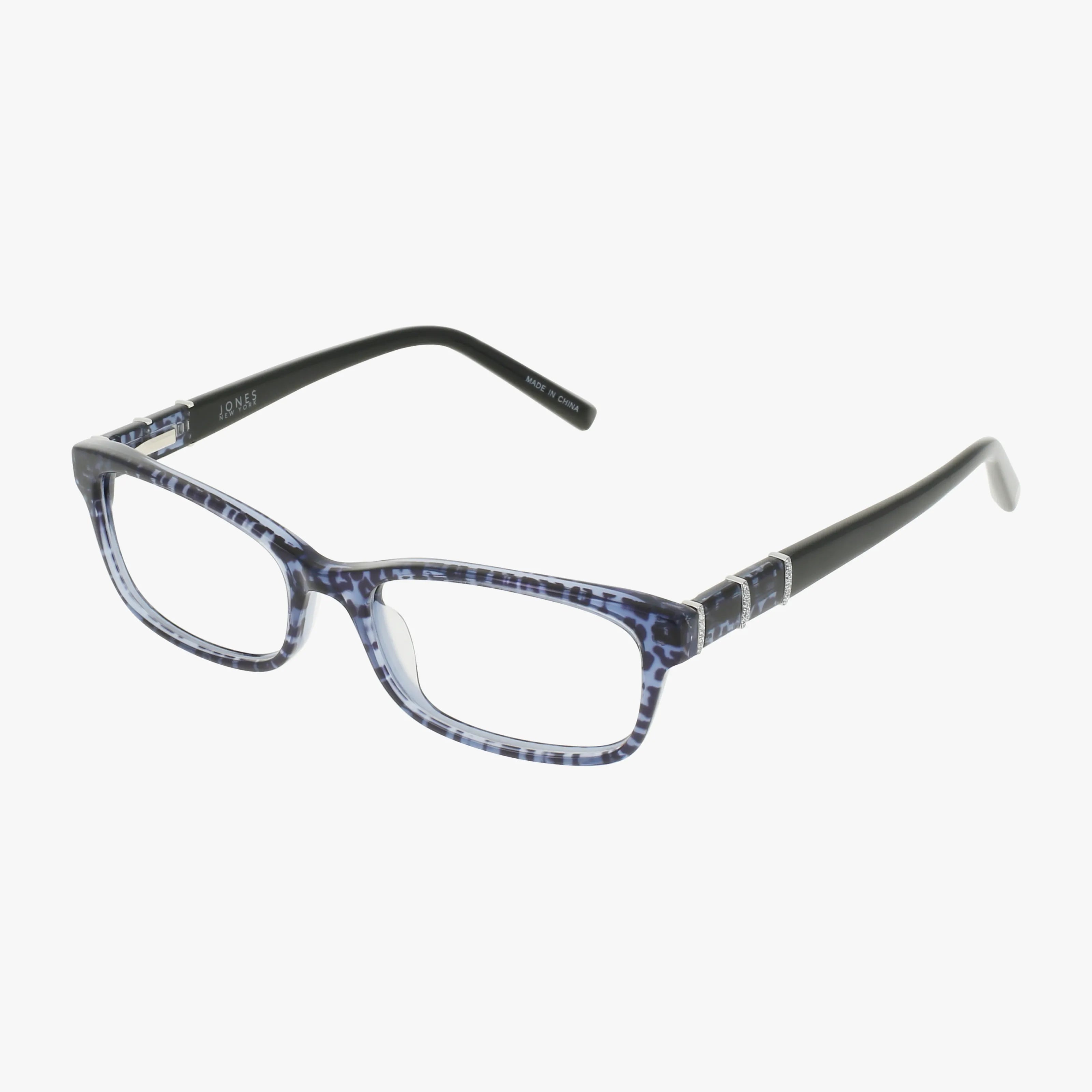 The Jones NY J243 eyeglasses feature a chic blue and white mottled rectangular frame with black temples, blending style and clear vision. Shown on a white background.
