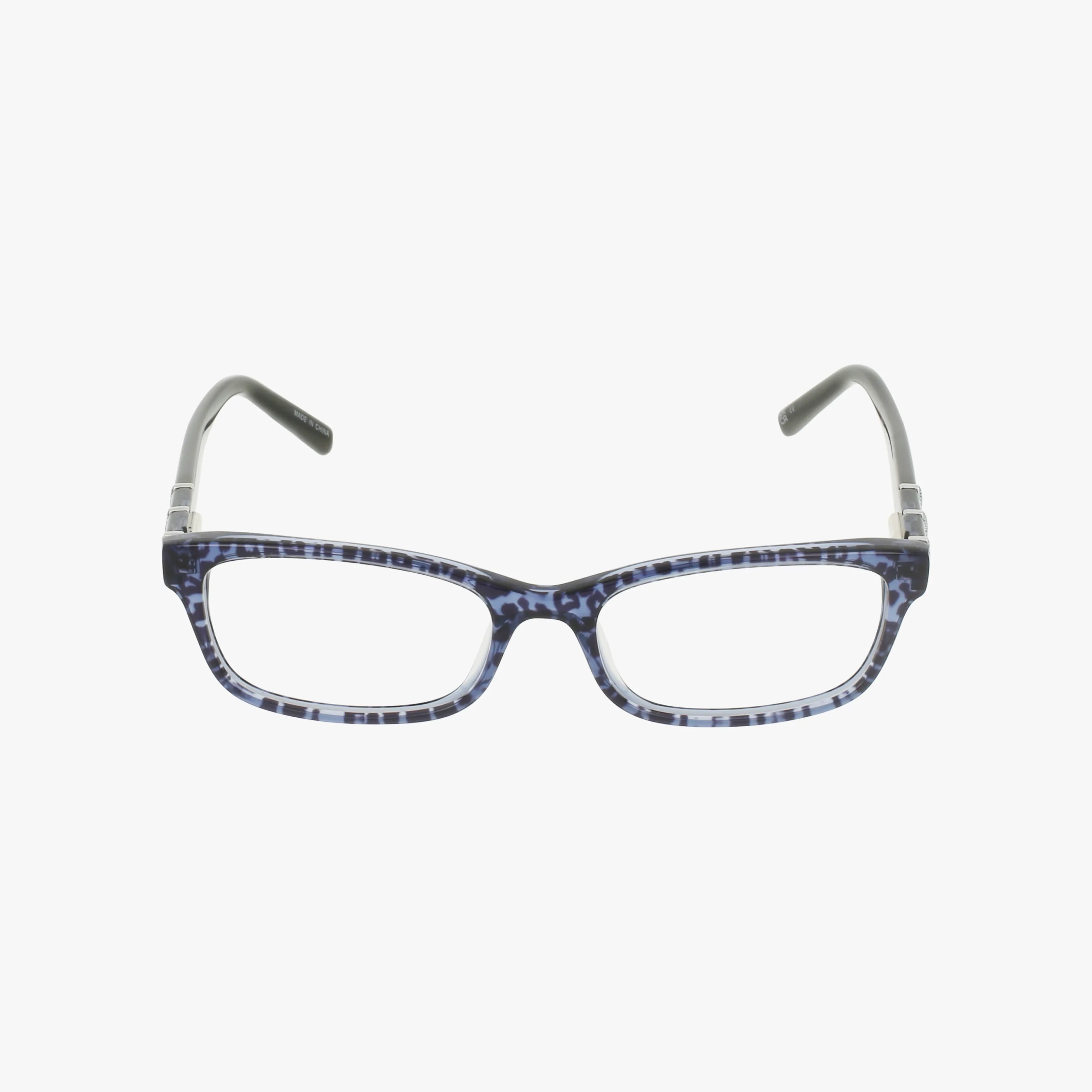 The Jones NY J243 eyeglasses feature a chic blue and black rectangular frame with transparent temple tips, combining contemporary style and vision benefits. Displayed on a white background.