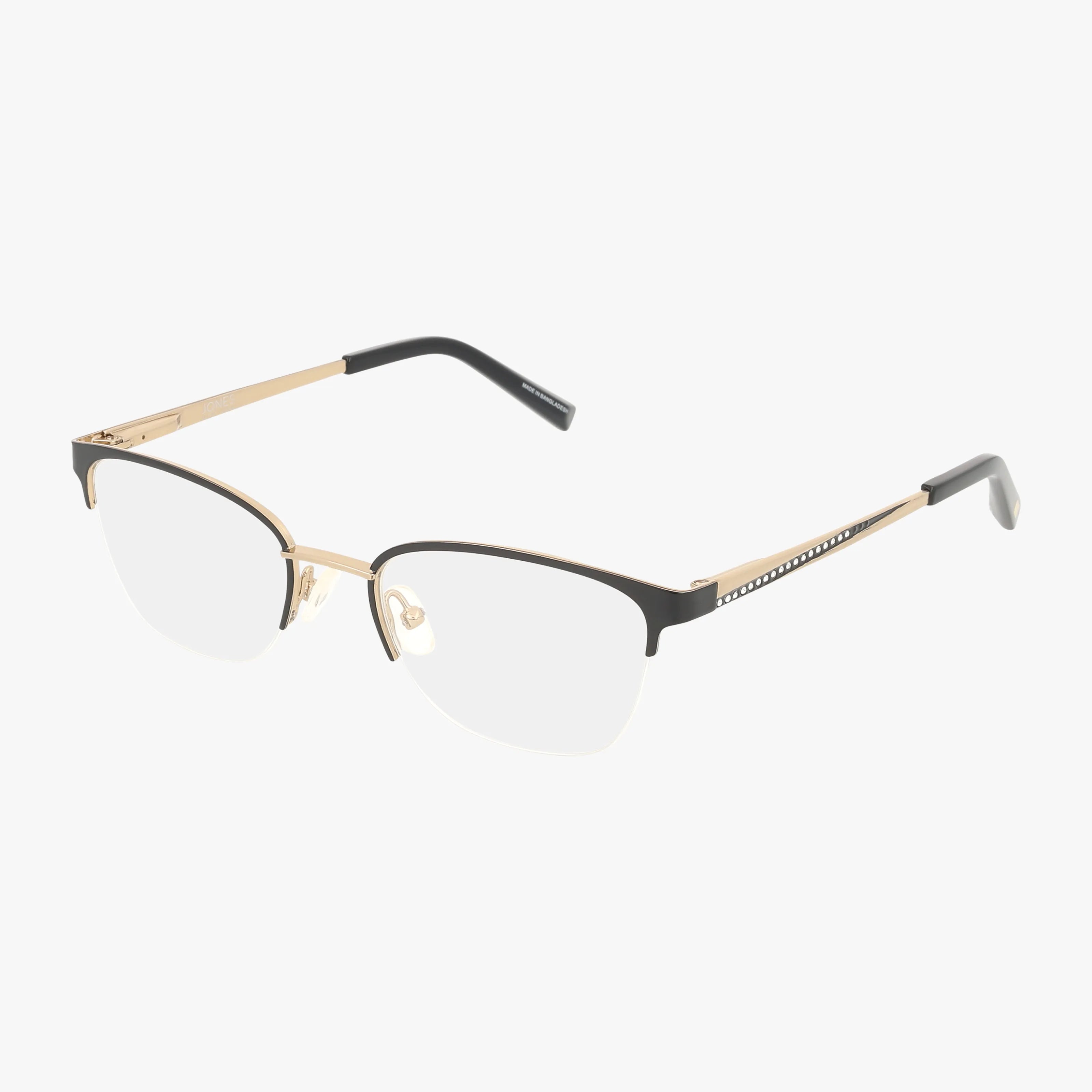 The Jones NY VJOP153 eyeglasses feature semi-rimless black upper frames, gold metal arms, and clear lenses, offering timeless style and subtle strength. Elegantly presented on a white background.