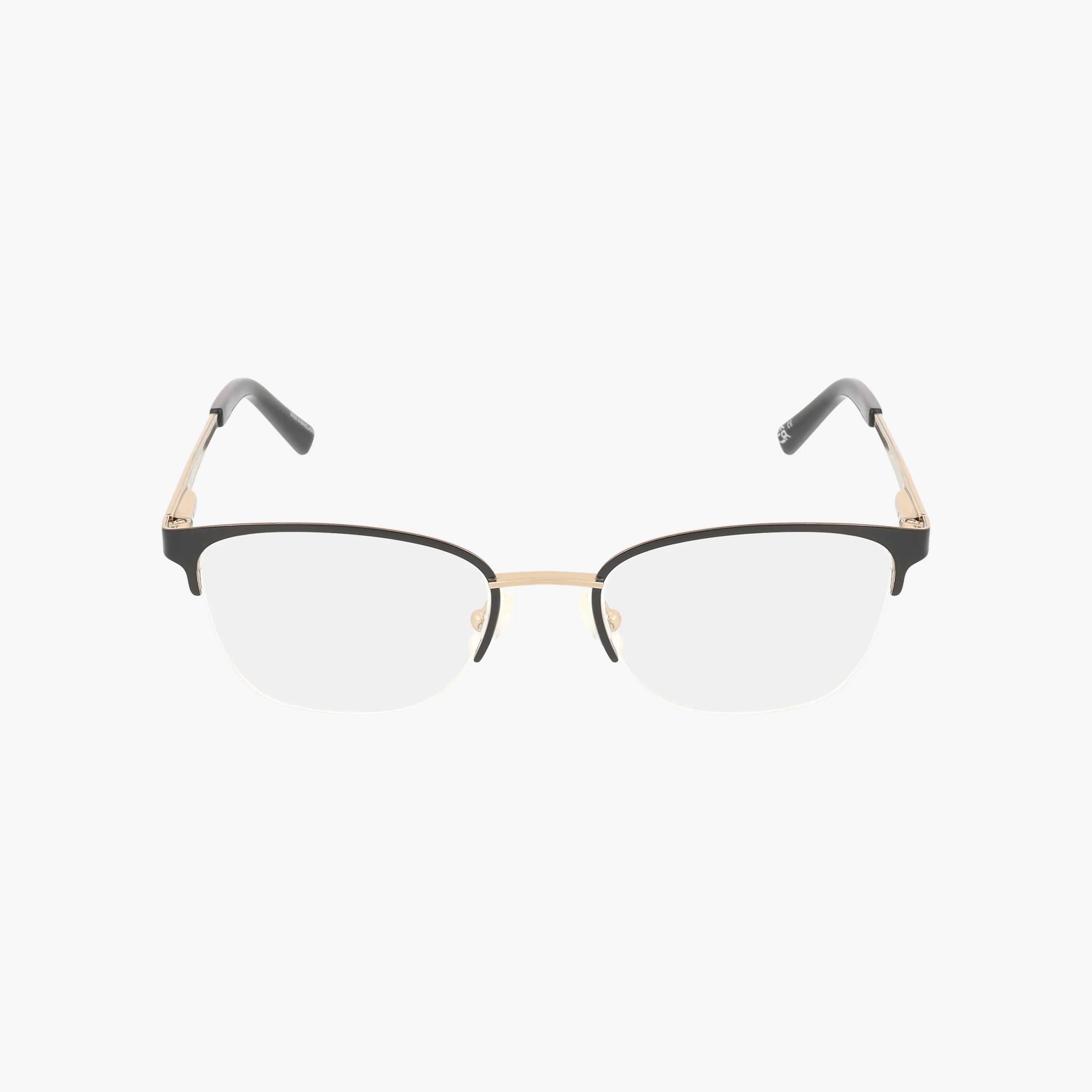 The Jones NY VJOP153 features semi-rimless black upper frames, a gold metal bridge and temples, and clear Transitions lenses—combining strength and style—shown against a plain white background.