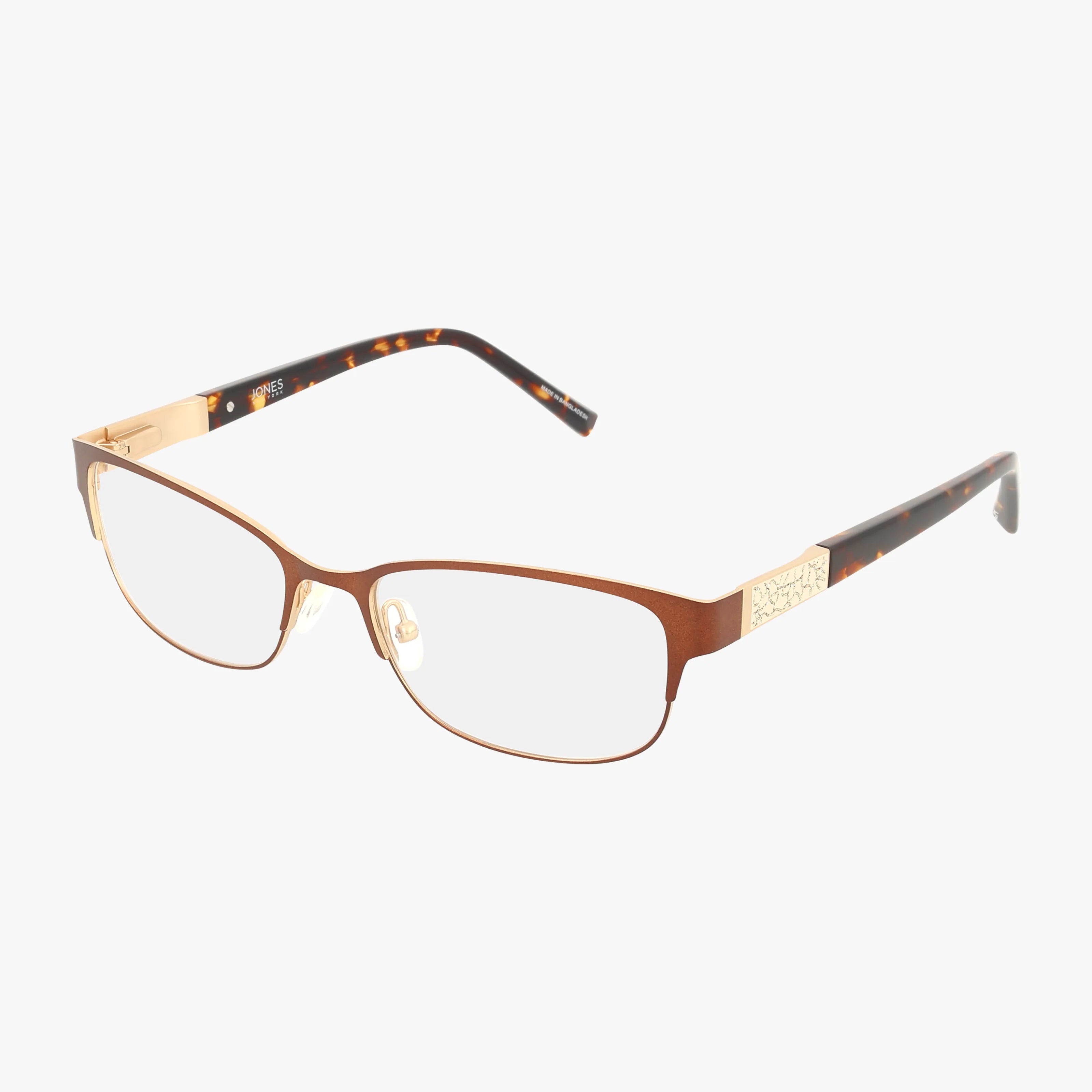 The Jones NY VJON499 features rectangular brown metal frames with resilient construction, gold temple accents, and tortoiseshell-patterned arms.