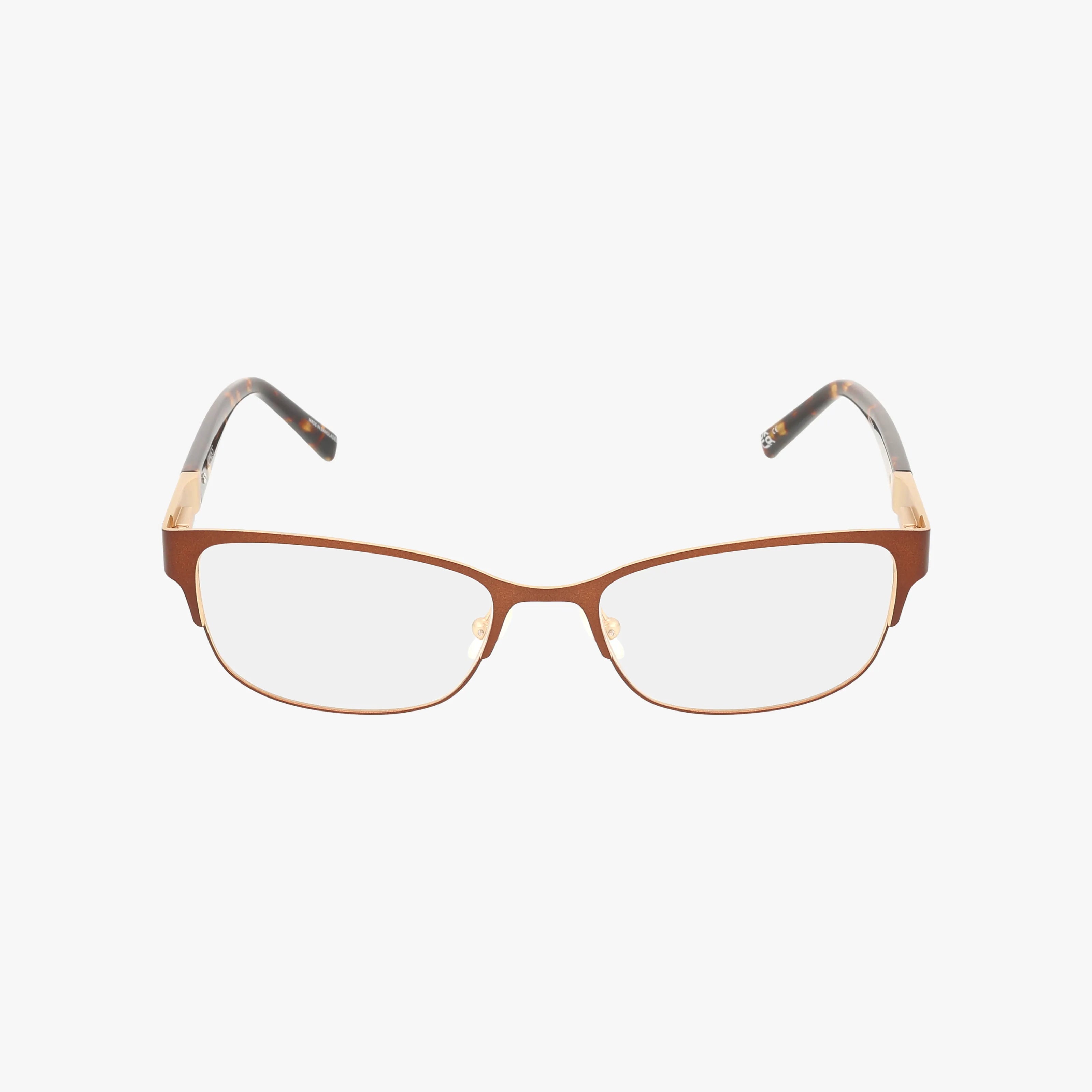 The Jones NY VJON499 eyeglasses feature a contemporary rectangular design with thin brown metal frames, clear lenses, and transparent plastic temple tips, displayed on a white background.