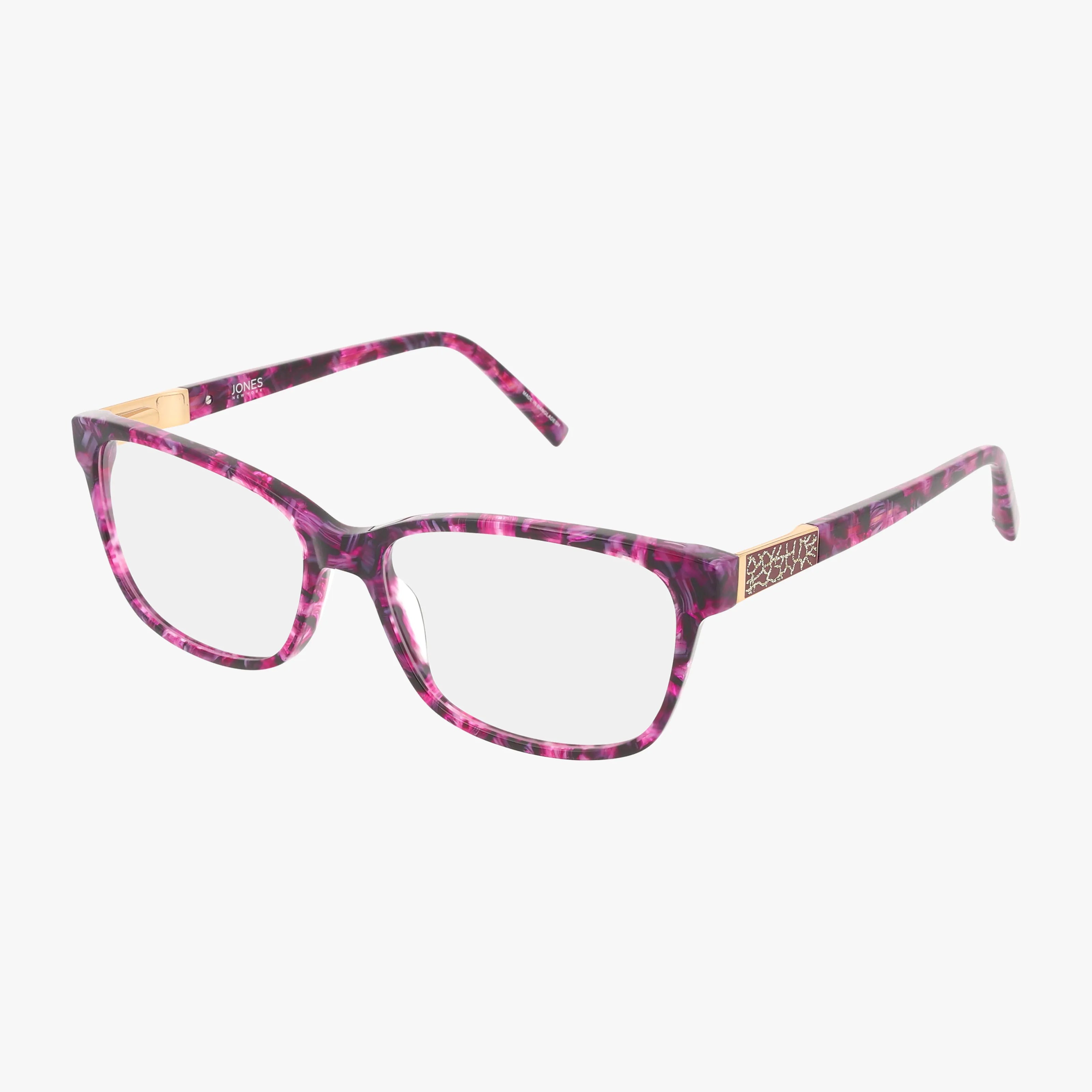 The Jones NY VJON785 eyeglasses feature a purple and pink rectangular frame with gold-accented arms and clear lenses, shown on a white background.