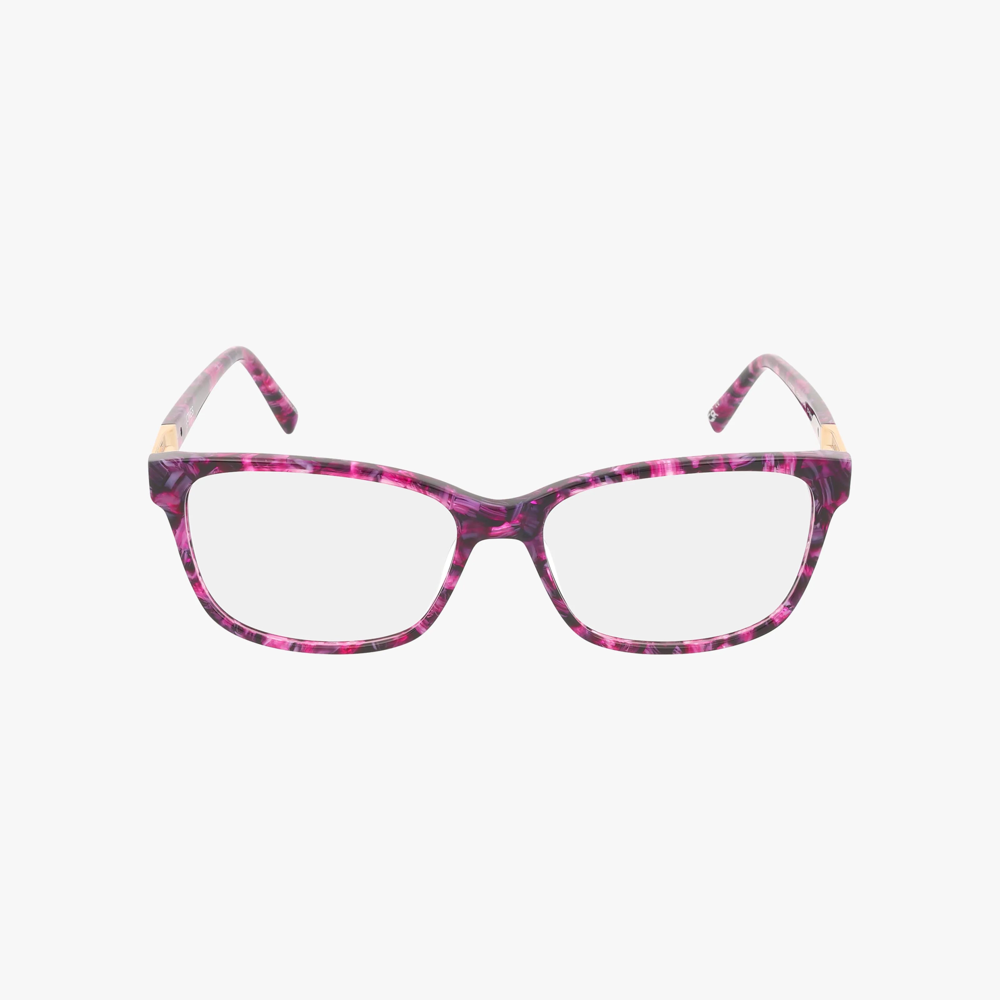 The Jones NY VJON785 features purple and pink tortoiseshell-patterned rectangular eyeglasses with slightly curved arms and a durable frame, displayed against a plain white background.